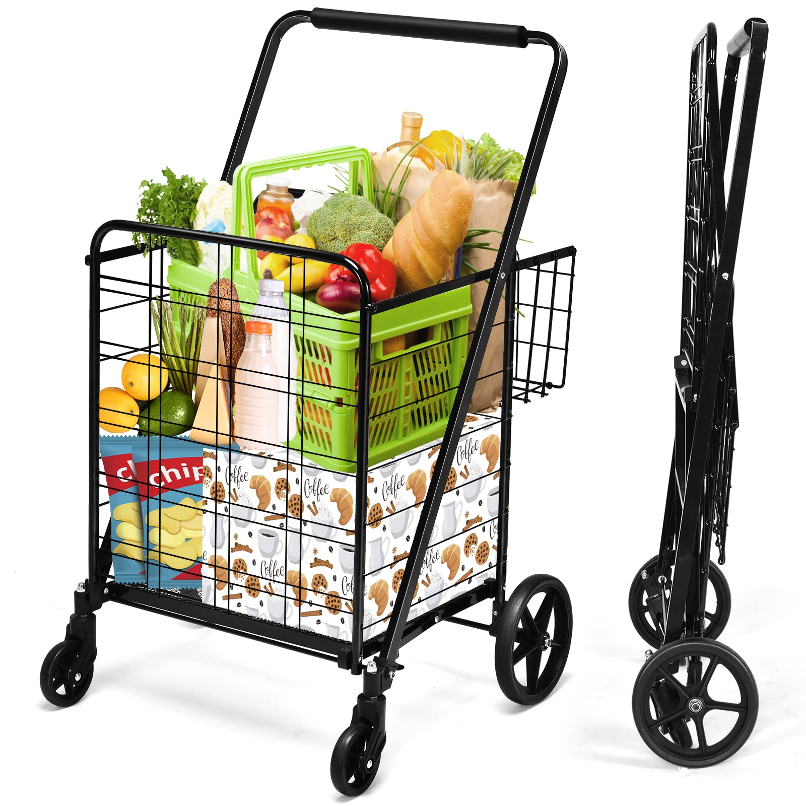 COSTWAY Folding Shopping Cart, Extra Jumbo Double Basket Grocery Cart with 360¡ Swivel Rolling Bearing Wheels, Dense Metal Mesh Base, Large Capacity Utility Cart for Market, Grocery, Laundry (Black)