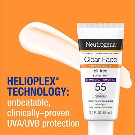 Neutrogena Clear Face Liquid Lotion Sunscreen for Acne-Prone Skin, Broad Spectrum SPF 55 with Helioplex Technology, 3 fl. oz