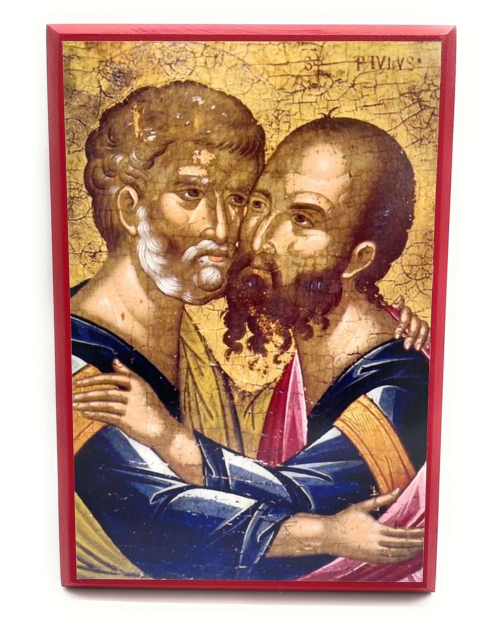 Wooden Greek Orthodox Christian Icon Saints Apostles Peter & Paul Embracing (9" x 13")