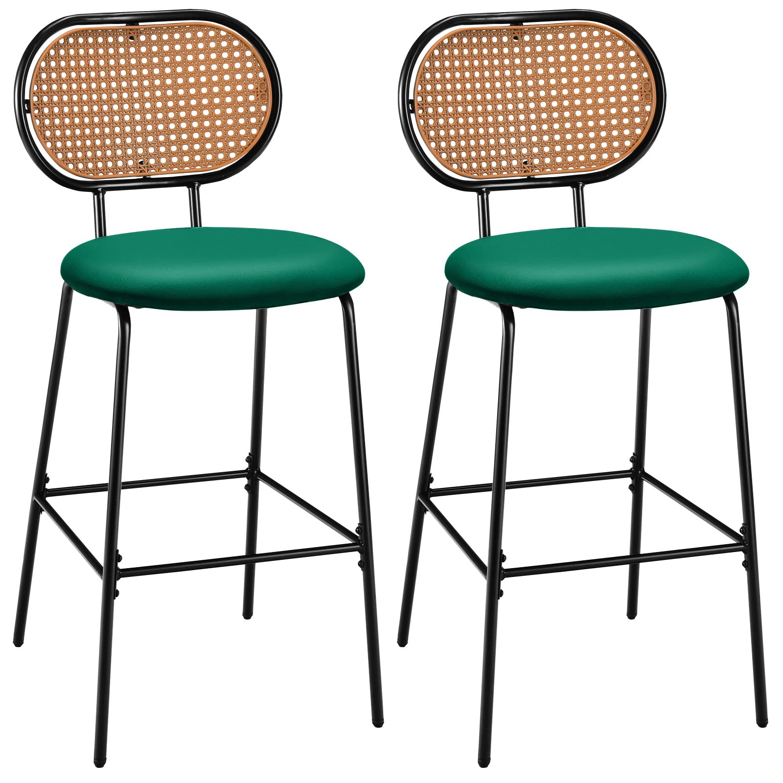 COSTWAY Bar Stools Set of 2, 29.5" Modern Faux Leather Bar Height Chairs with Imitation Rattan Woven Backrest, Metal Armless Barstools for Bistro Home Restaurant Kitchen Counter (2, Dark Green)