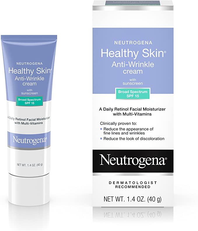 Neutrogena Healthy Skin Anti-Wrinkle Retinol & Vitamin A, E & B5 Daily Moisturizer with SPF 15 Sunscreen, Oil-Free Face & Neck Cream, 1.4 oz