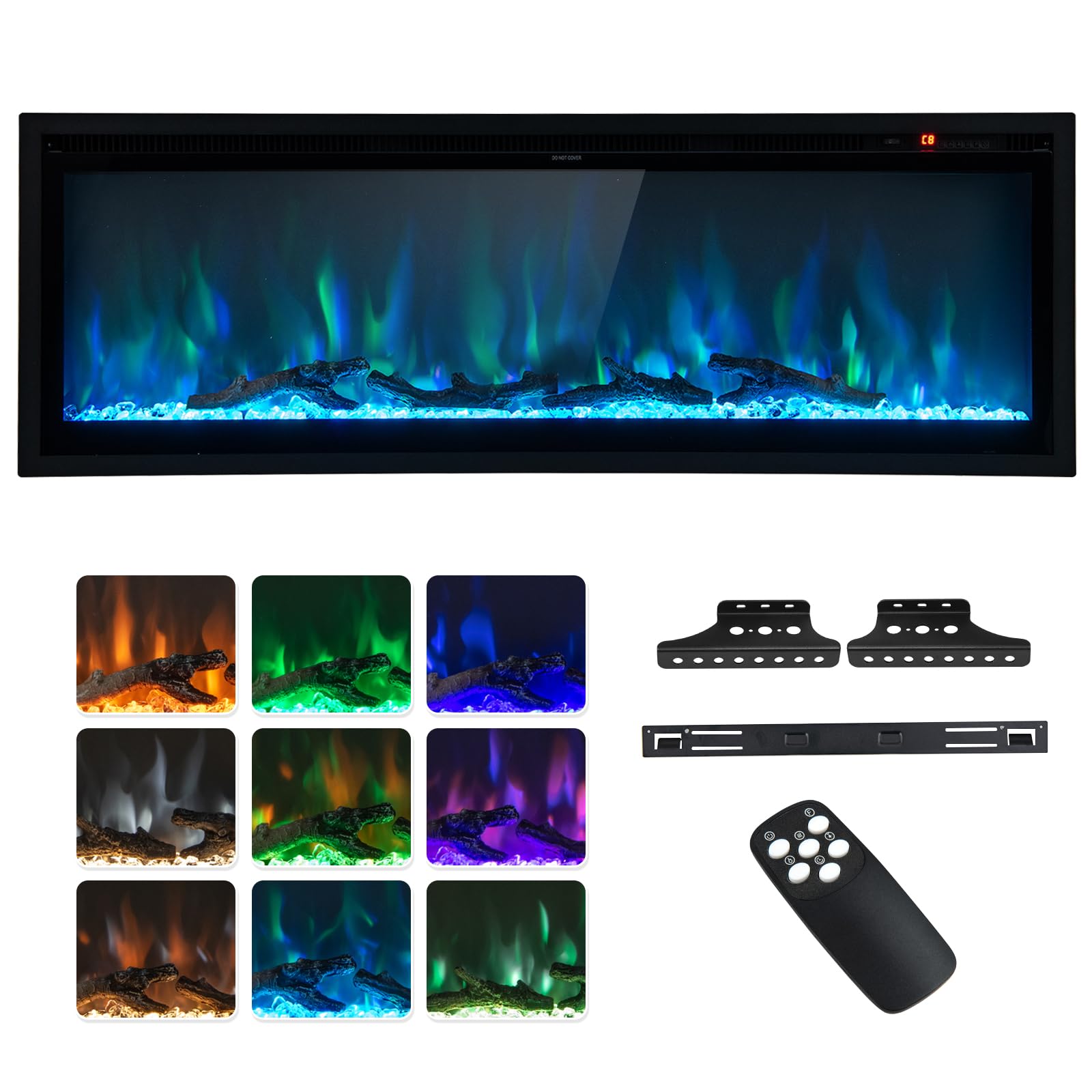 COSTWAY Electric Fireplace 50-Inch Wide, 9 Flame Color, 5-Level Brightness, 8H Timer, Thermostat, Wall-Mounted Freestanding and Recessed Linear Fireplace Heater with Crystal Decor and Log, 750W/1500W