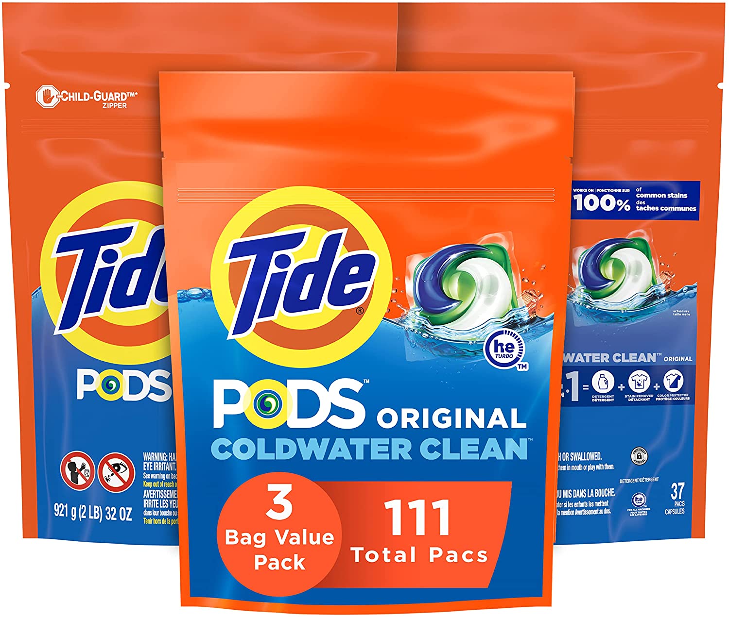 Tide Pods Laundry Detergent Soap Pods, Original, 3 Bag Value Pack, HE Compatible