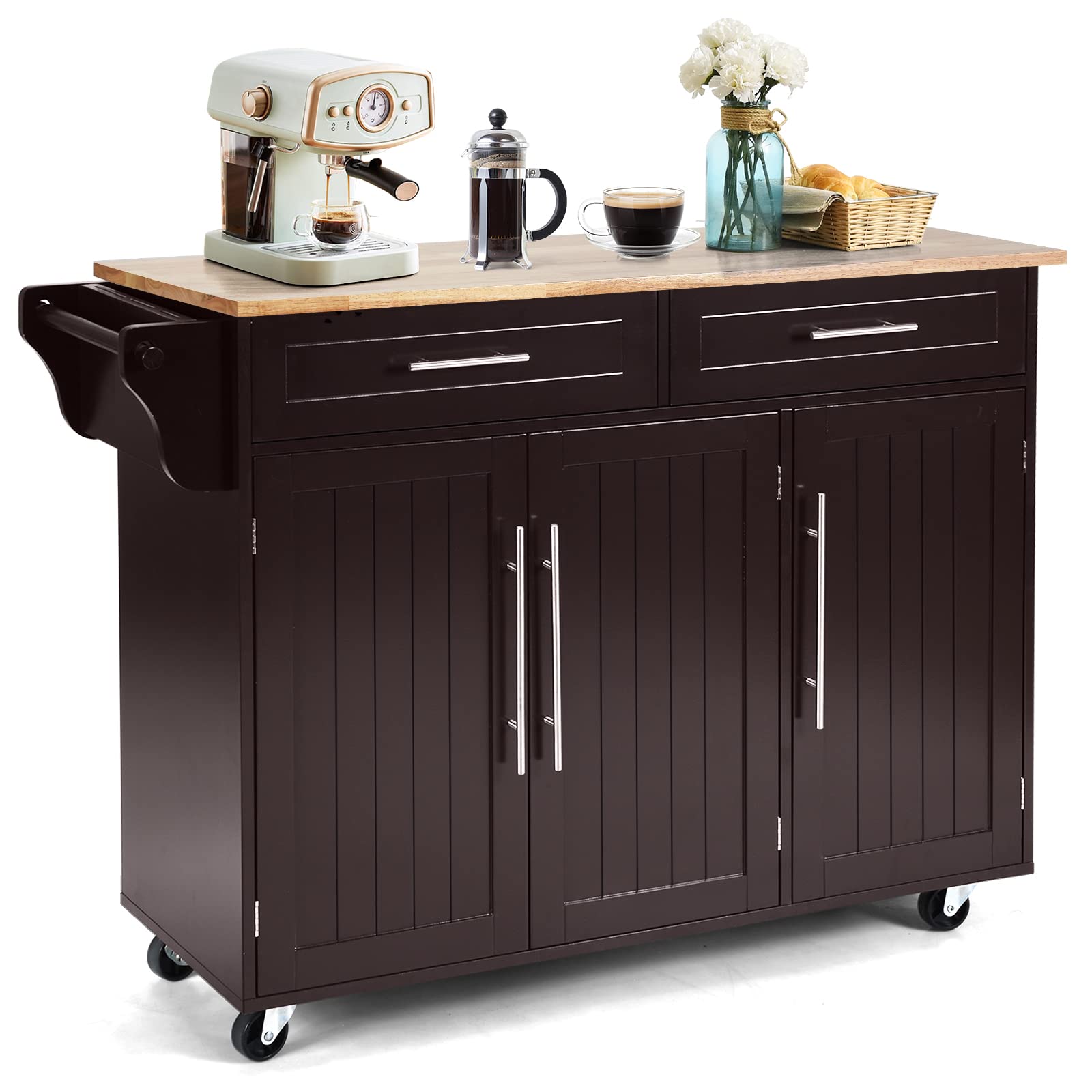 COSTWAY Mobile Kitchen Island Cart, Rolling Storage Trolley with Towel Bar, 2 Deep Drawers, 3 Door Cabinets, Swivel Casters, Rubber Wood Top, Ideal for Kitchen, Dining Room, Restaurant, Cafe (Coffee)