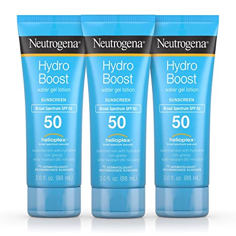 Neutrogena Hydro Boost Moisturizing Water Gel Sunscreen Lotion with Broad Spectrum SPF 50, Water-Resistant & Non-Greasy Hydrating Sunscreen Lotion, Oil-Free (Pack of 3)