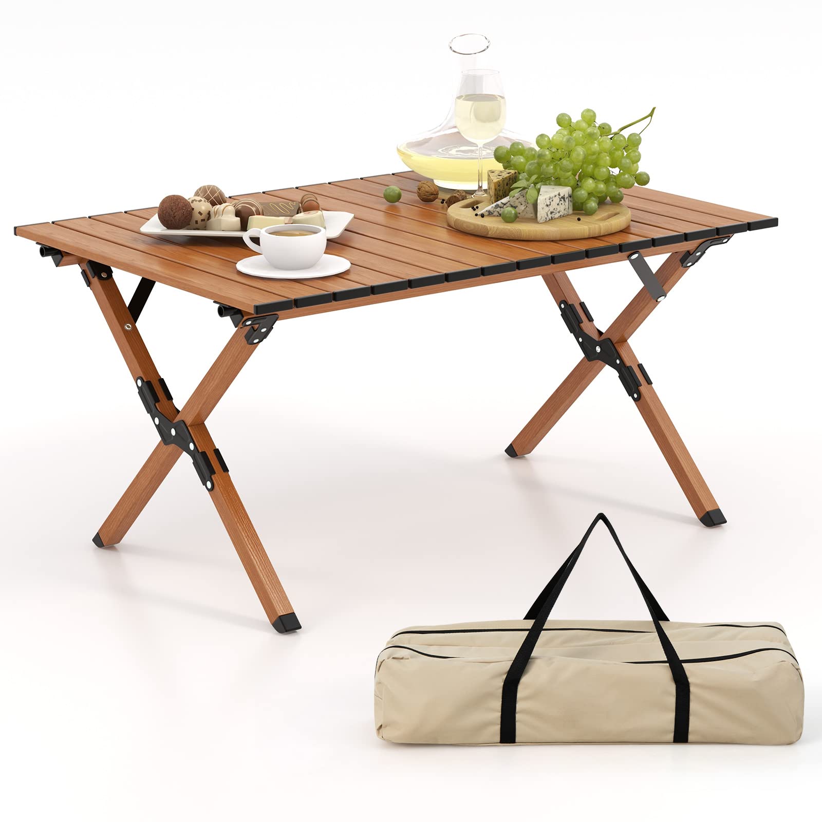 COSTWAY Folding Picnic Table, Roll-Up Aluminum Camping Table with Wood Grain, Portable Low Height Beach Table with Carry Bag for Camping, Picnic, BBQ & Hiking, Easy Assembly, Natural (35Ó x 23Ó x 18Ó)