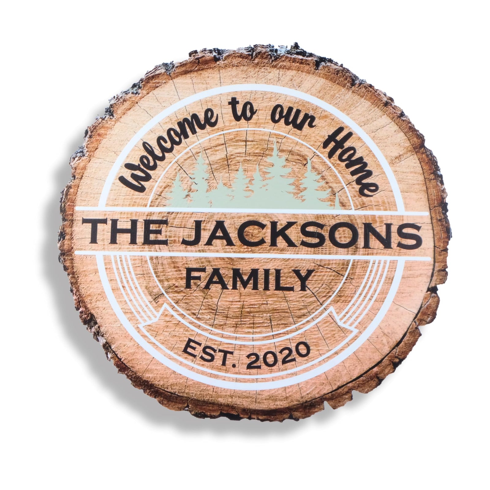 Custom Wood Name and Welcome Sign, Personalized Gifts, Realistic Tree Slice Appearance Printed on MDF,