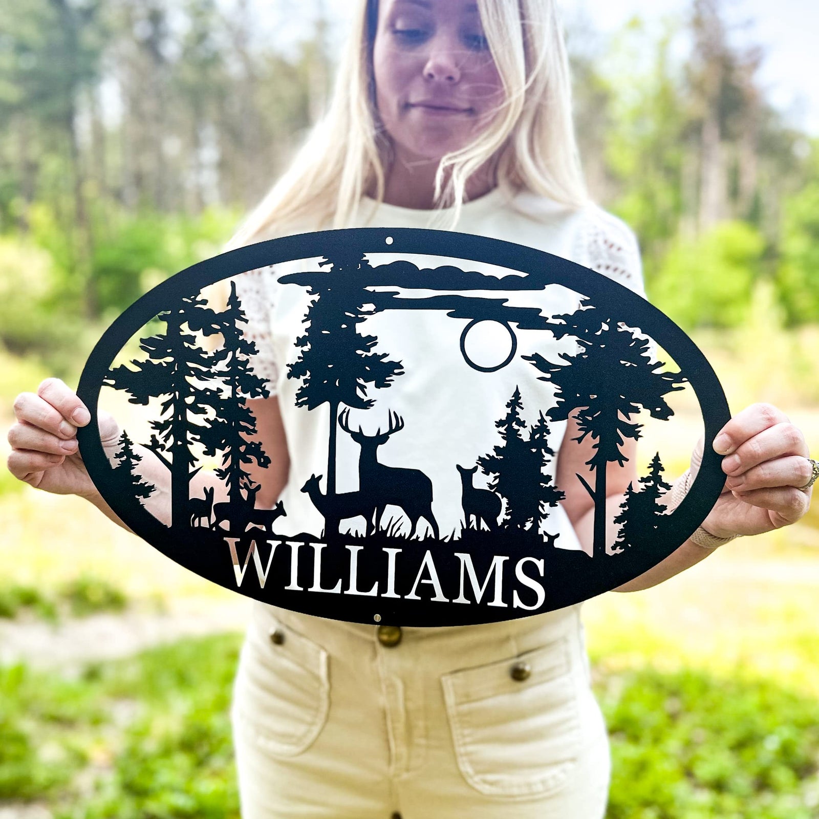 Personalized Oval Deer Metal Cabin Sign | Outdoor Hunting | Deer Hunter Gift | Custom Family Name Sign | Last Name Deer Monogram | Cabin Decor