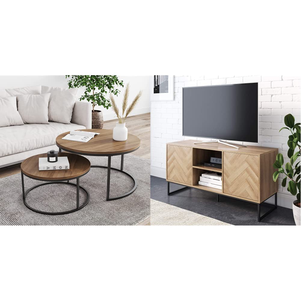 Nathan James Stella Round Modern Nesting Coffee Set of 2, Reclaimed Oak/Black & Dylan Media Console Cabinet or TV Stand, Oak/Matte Black