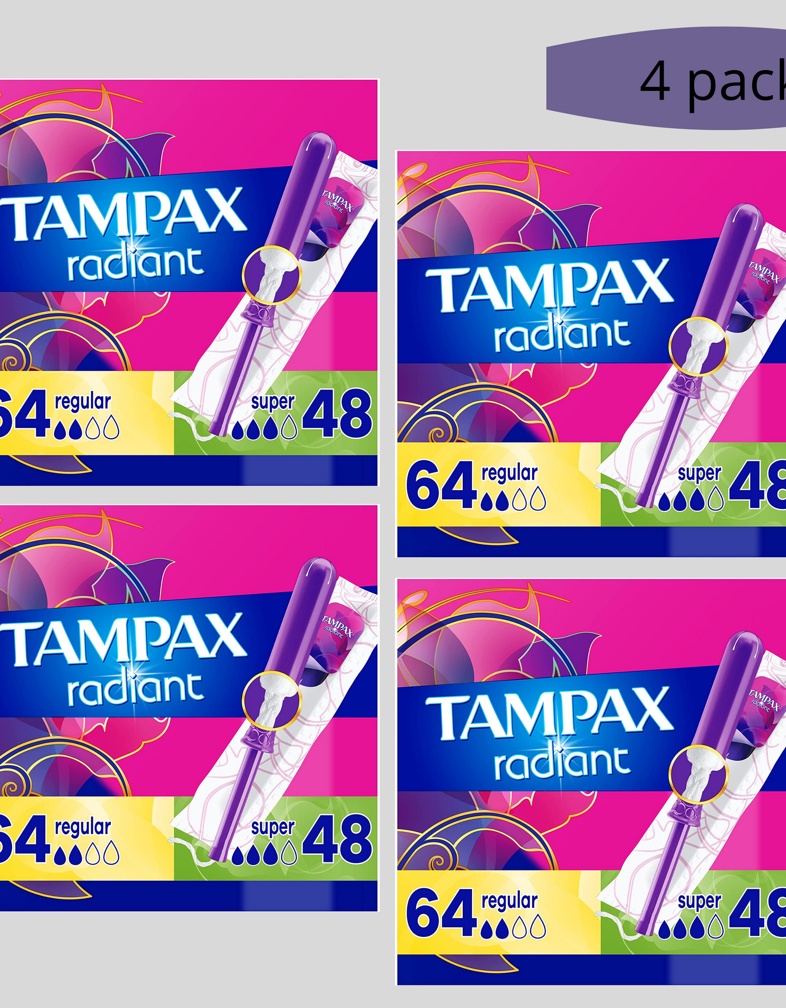 Tampax Radiant Tampons Duopack, 4 pack of 28's (Total 112 Count)