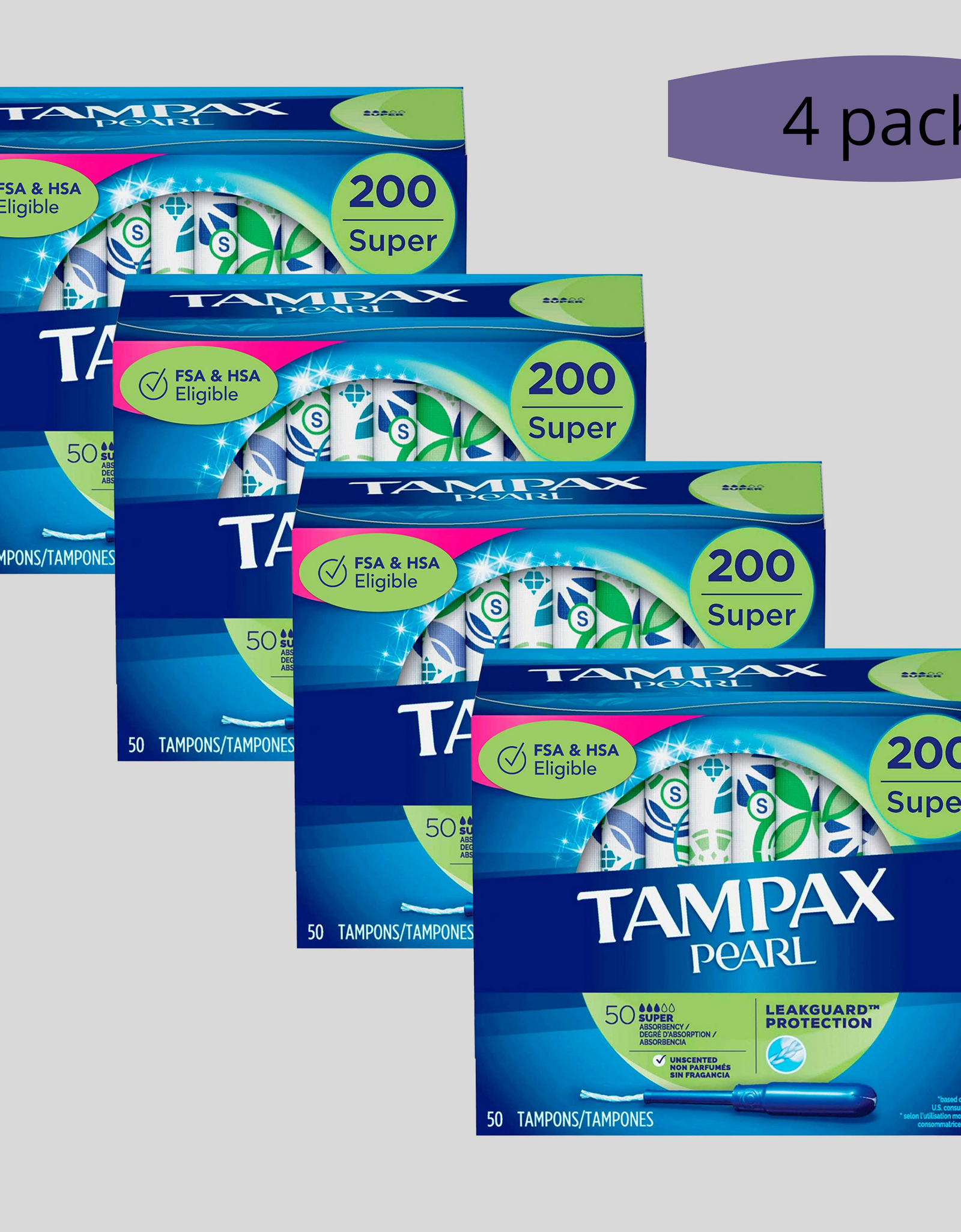 Tampax Pearl Tampons with Plastic Applicator, Super Absorbency, 50 Count (Pack of 4)