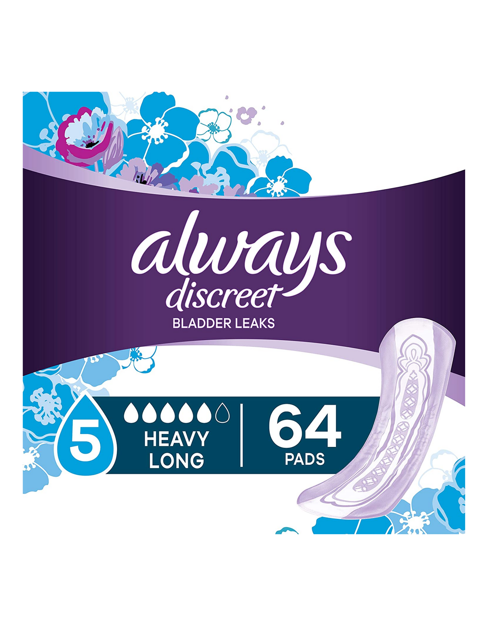 Always Discreet Incontinence & Postpartum Incontinence Pads for Women, Discreet Bladder Leaks, Long Length, 64 Ct