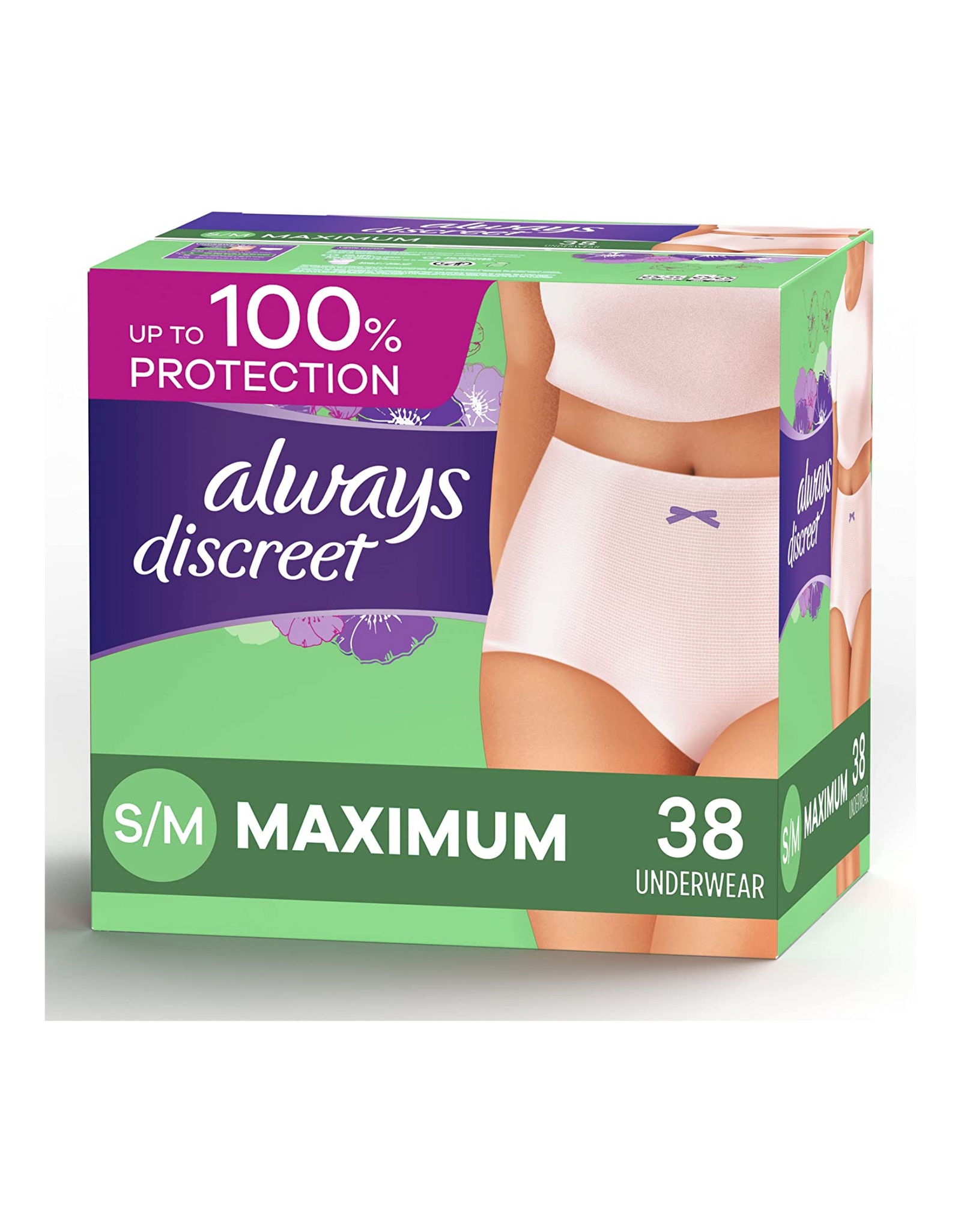 Always Discreet Incontinence & Postpartum Incontinence Underwear for Women, Small/Medium, Maximum Absorbency, 38 Ct