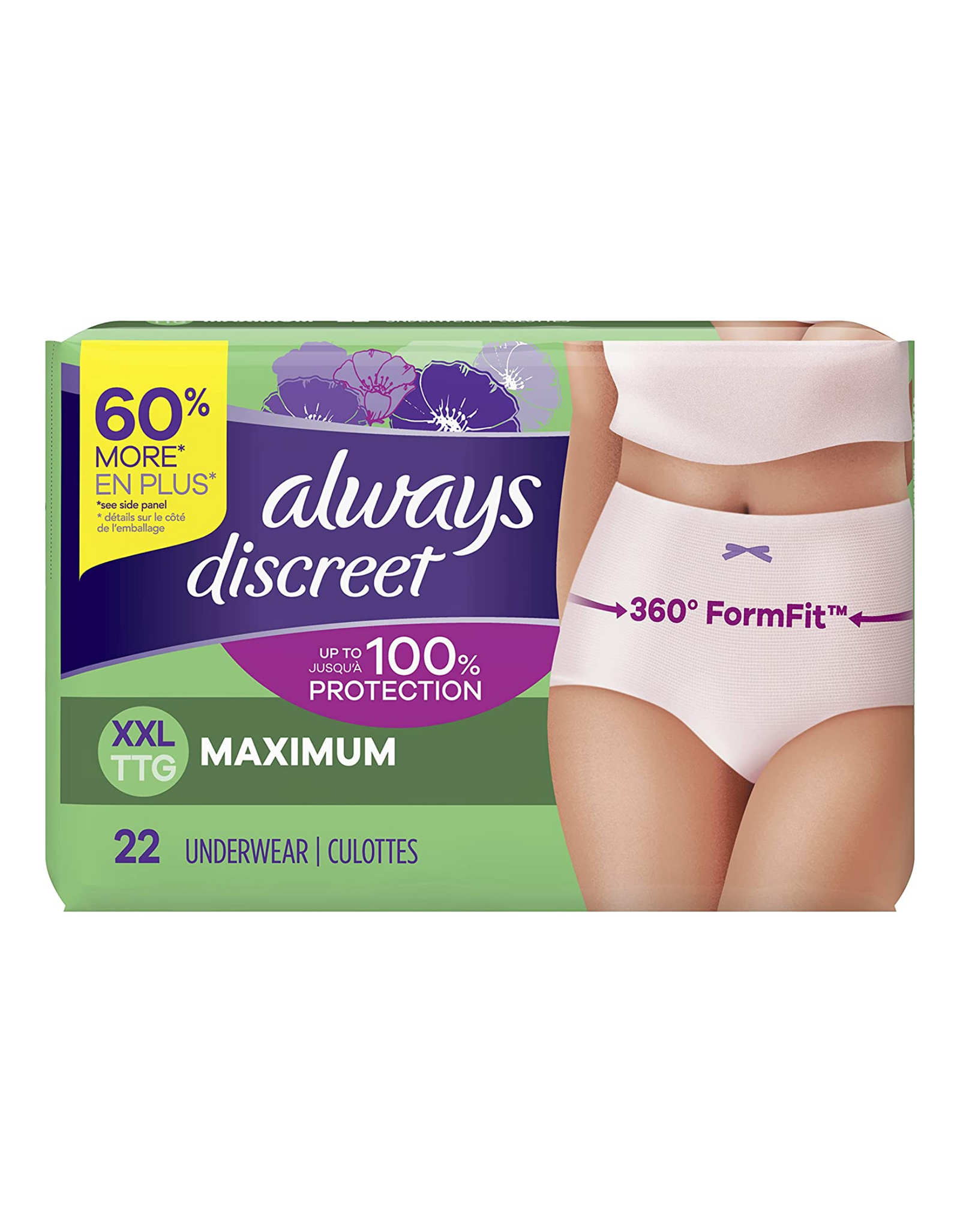 Always Discreet Incontinence & Postpartum Incontinence Underwear for Women, XXL, Maximum Protection, 22 Count (Pack of 2)