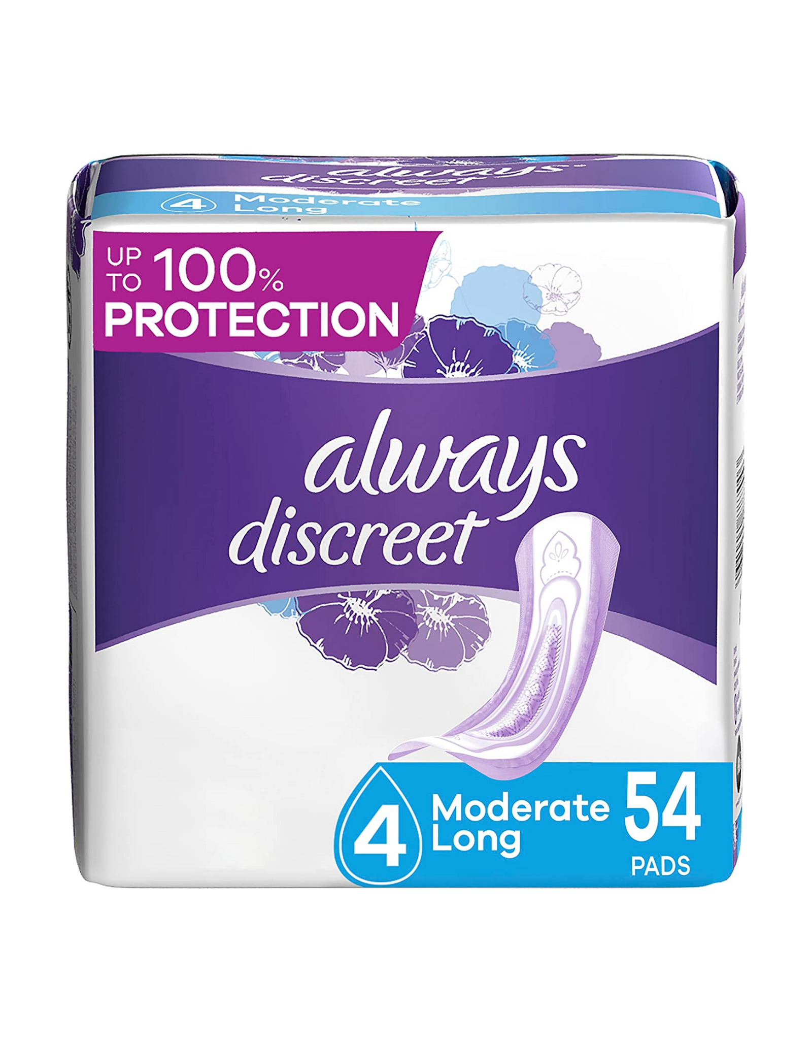 Always Discreet Moderate Long Incontinence Pads, Moderate Absorbency, Long Length, 54 Ct, Packaging May Vary