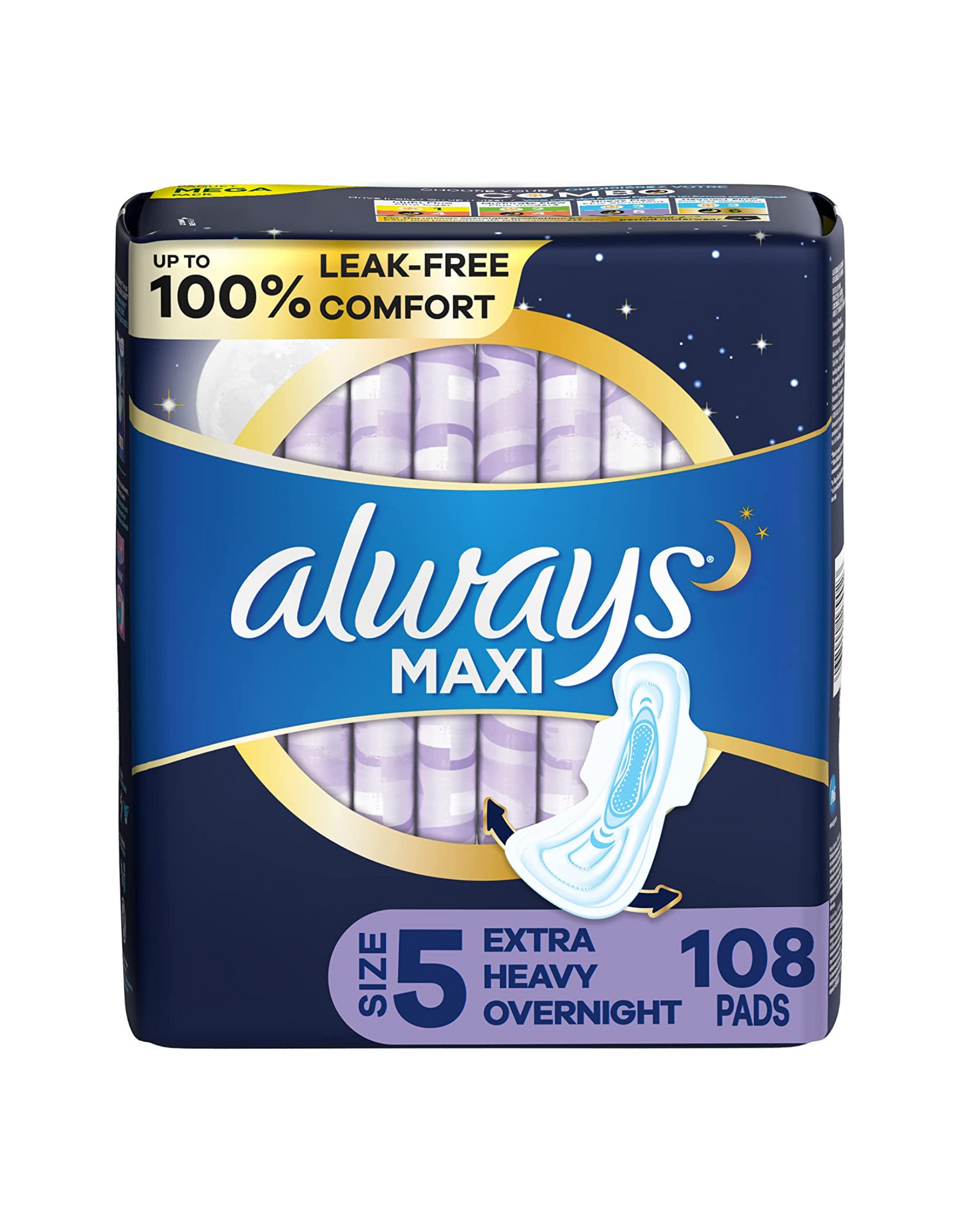 Always Maxi Feminine Pads with Wings for Women, Extra Heavy Overnight, Size 5, 108 Ct
