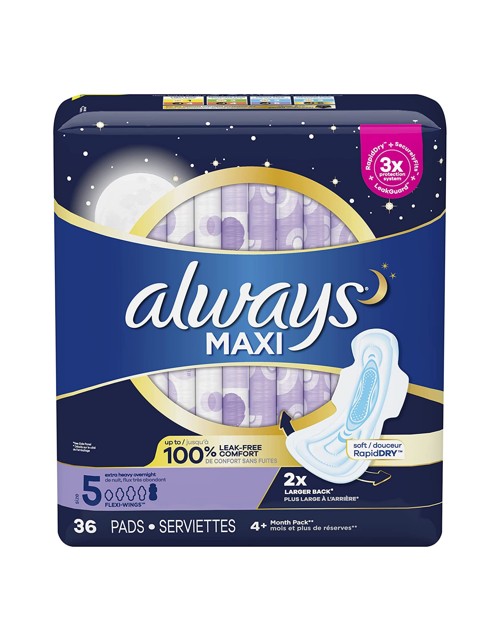 Always Maxi Feminine Pads with Wings for Women, Extra Heavy Overnight, Size 5, 36 Ct (Pack of 4) Package May Vary