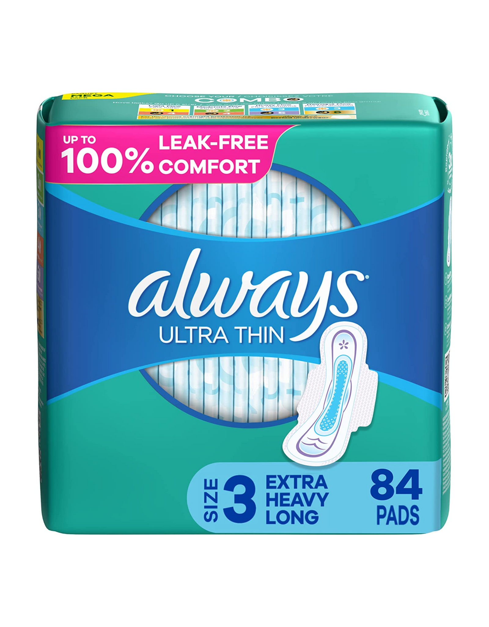Always Ultra Thin Feminine Pads with Wings for Women, Extra Heavy Long, Super Absorbency, Unscented, 28 Ct (Pack of 3) Packaging May Vary