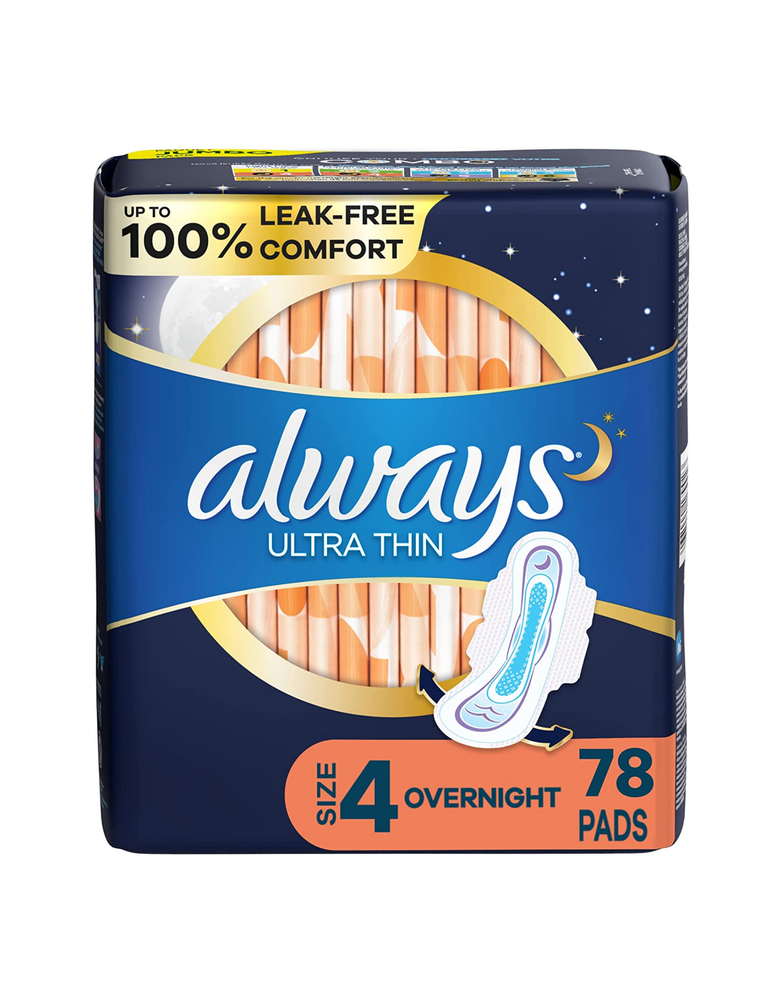 Always Ultra Thin Feminine Pads with Wings for Women, Overnight Absorbency, Unscented, Size 4, 78 Ct in Total (Pack of 3)
