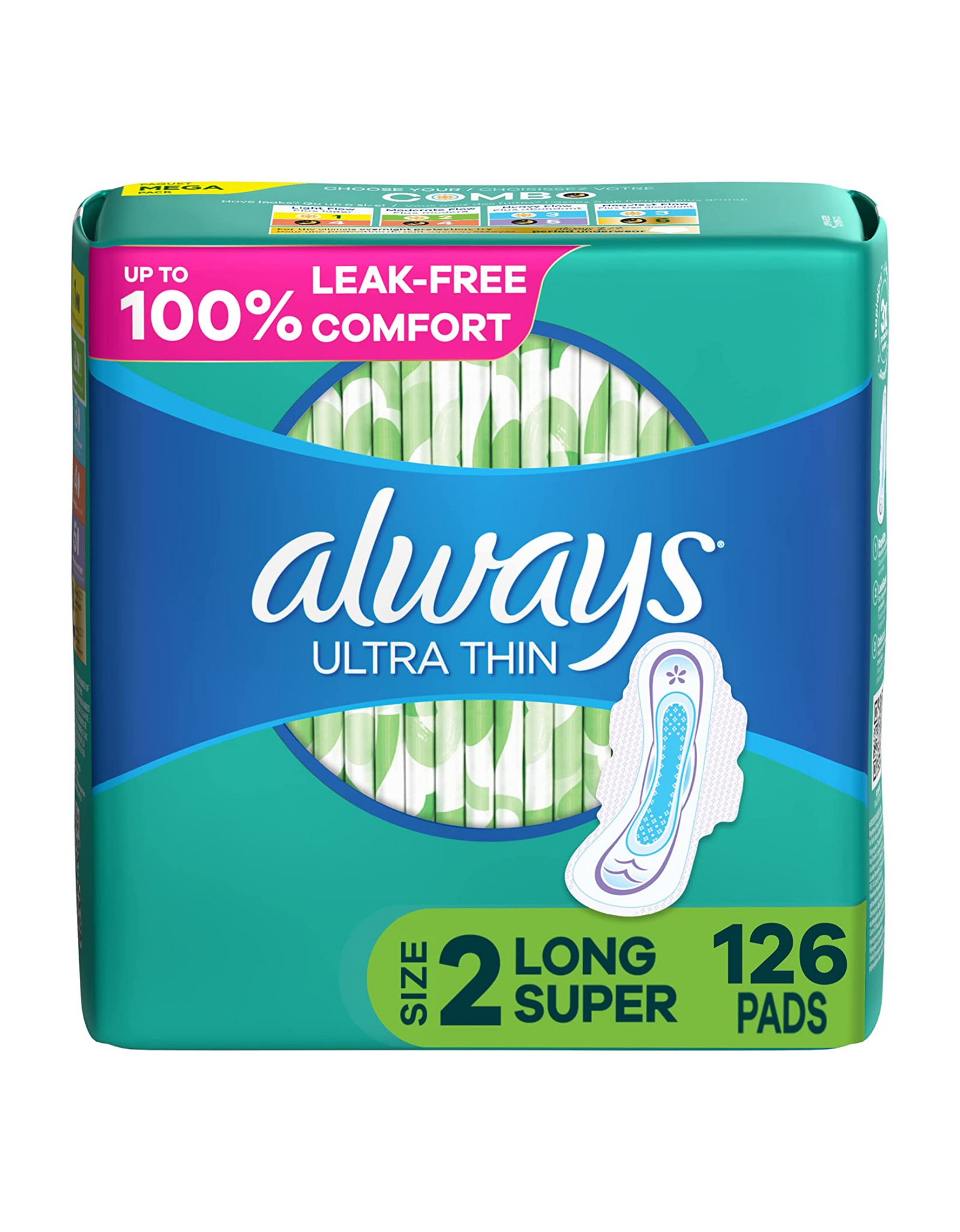 Always Ultra Thin Feminine Pads with Wings for Women, Super Absorbency, Unscented, Size 2, 42 Ct (Pack of 3)