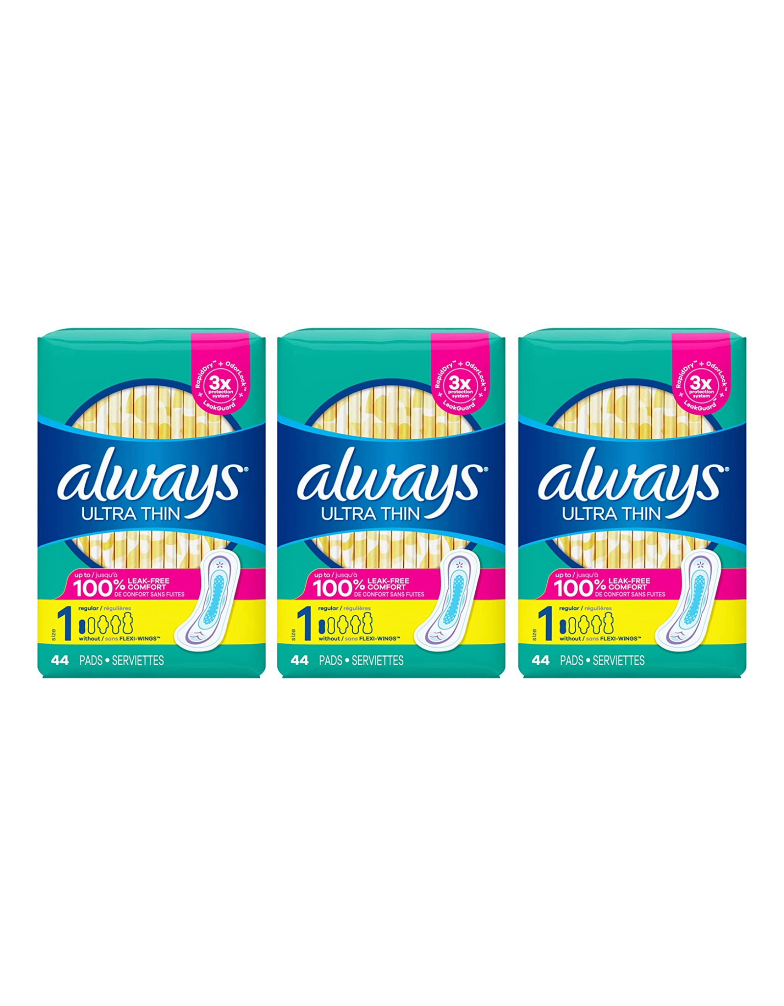 Always Ultra Thin Pads Without Wings for Women, Regular Absorbency, Unscented, Size 1, 44 Count (Pack of 3)