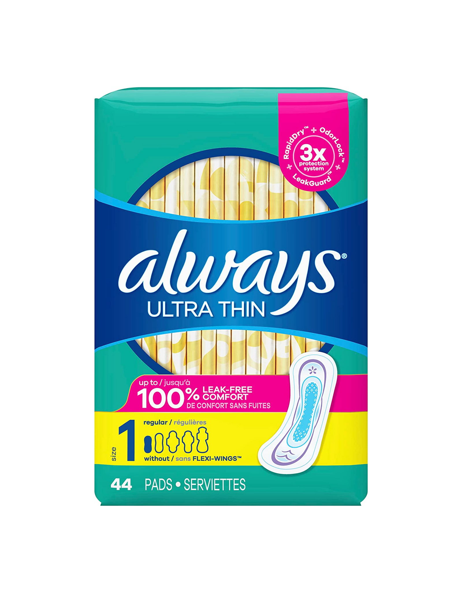 Always Ultra Thin Pads for Women, Size 1 Regular Absorbency, Without Wings, 44 Ct, Pack of 3 (132 Count Total)