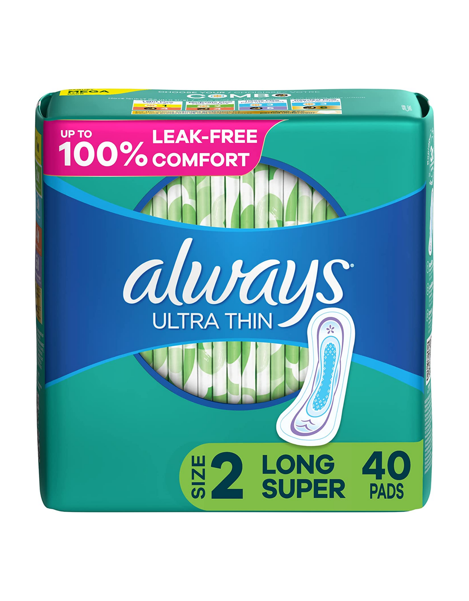 Always Ultra Thin Size 2 Super Pads Without Wings, Unscented, 40 Ct (Pack of 3)