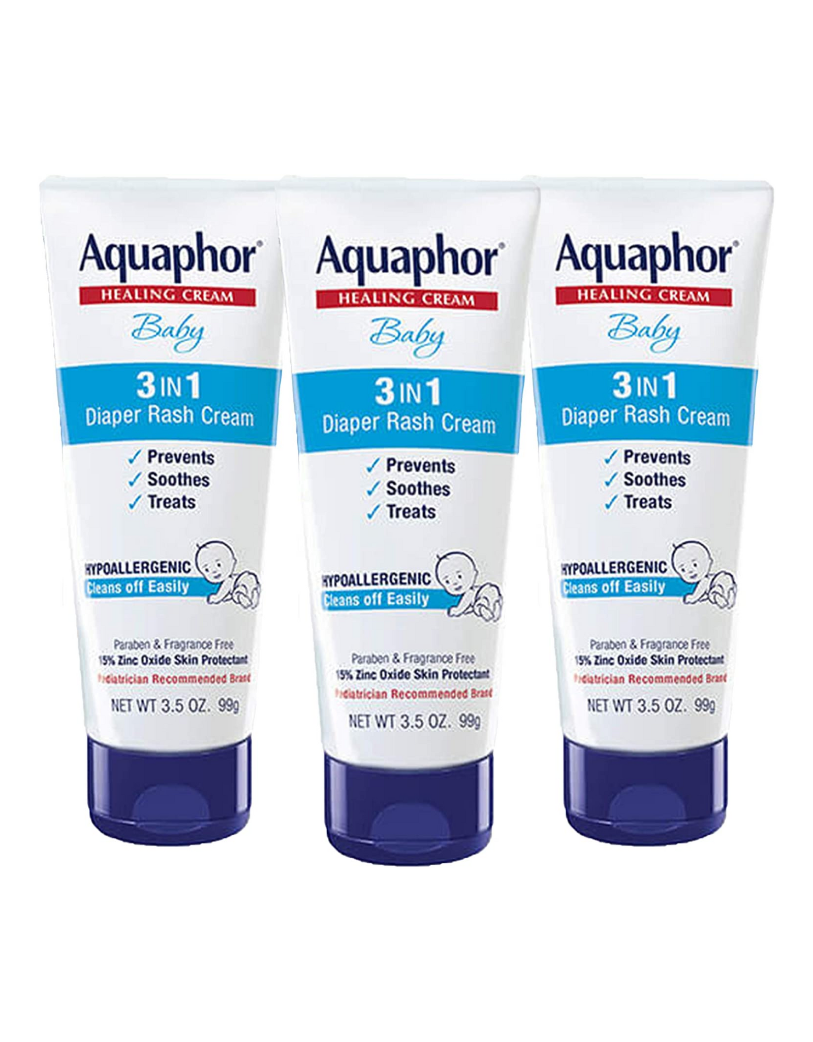 Aquaphor Baby Diaper Rash Cream, 3-in-1 Diaper Rash Cream, 3.5 Oz (Pack of 3)