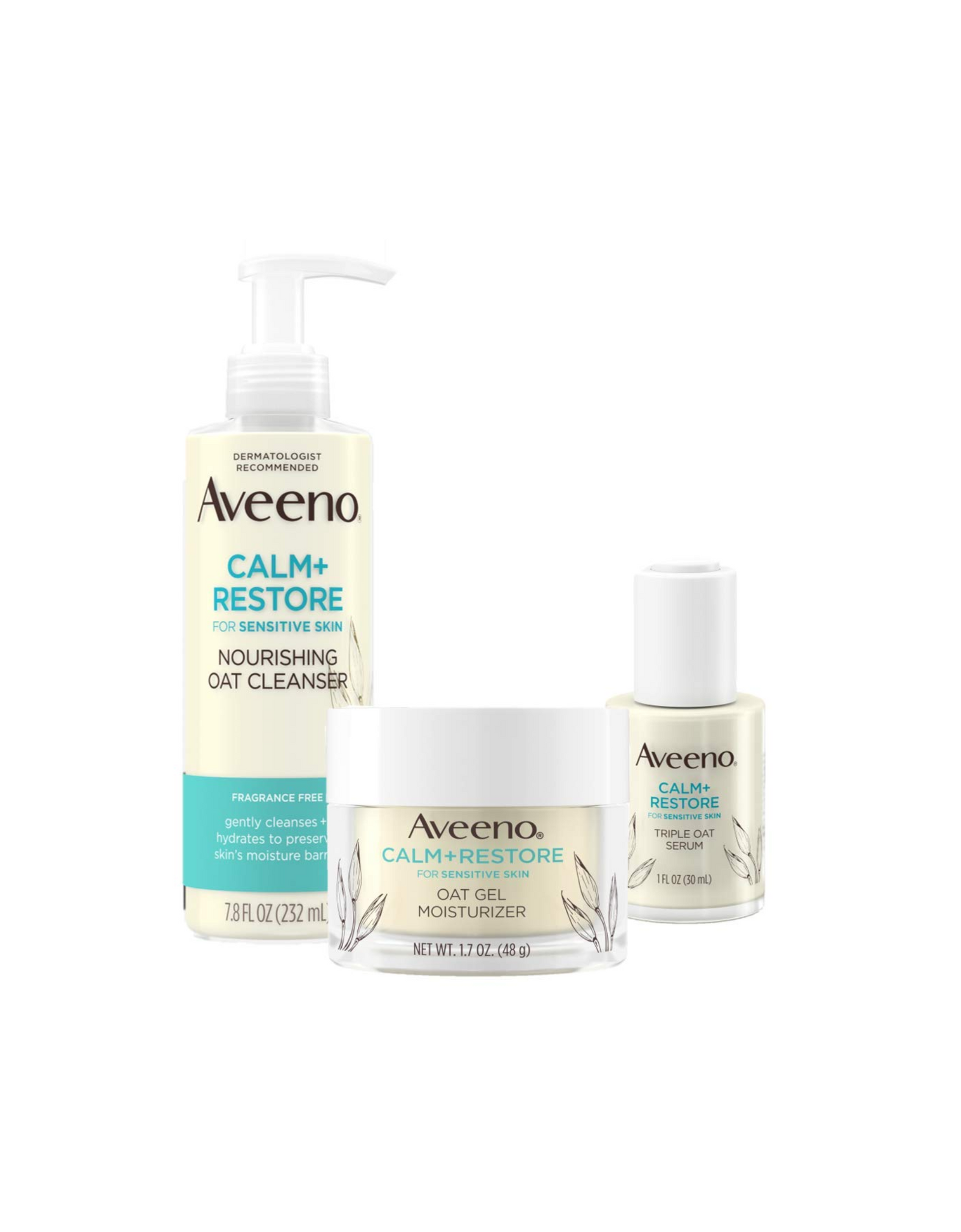 Aveeno Calm + Restore Nourishing Oat Cleanser 7.8 oz with Restore Triple Oat Serum 1 oz and Restore Oat Gel Moisturizer 1.7oz (Pack of 3)
