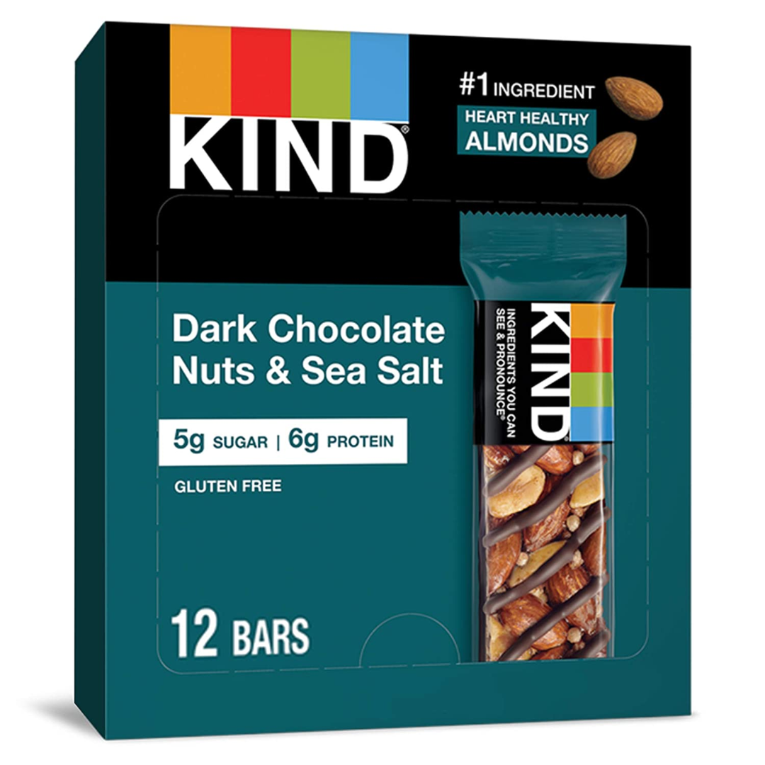 KIND Nut Bars, Dark Chocolate Nuts and Sea Salt, Gluten Free, 5g Sugar, 6g Protein, 1.4 Ounce- 12 Pack