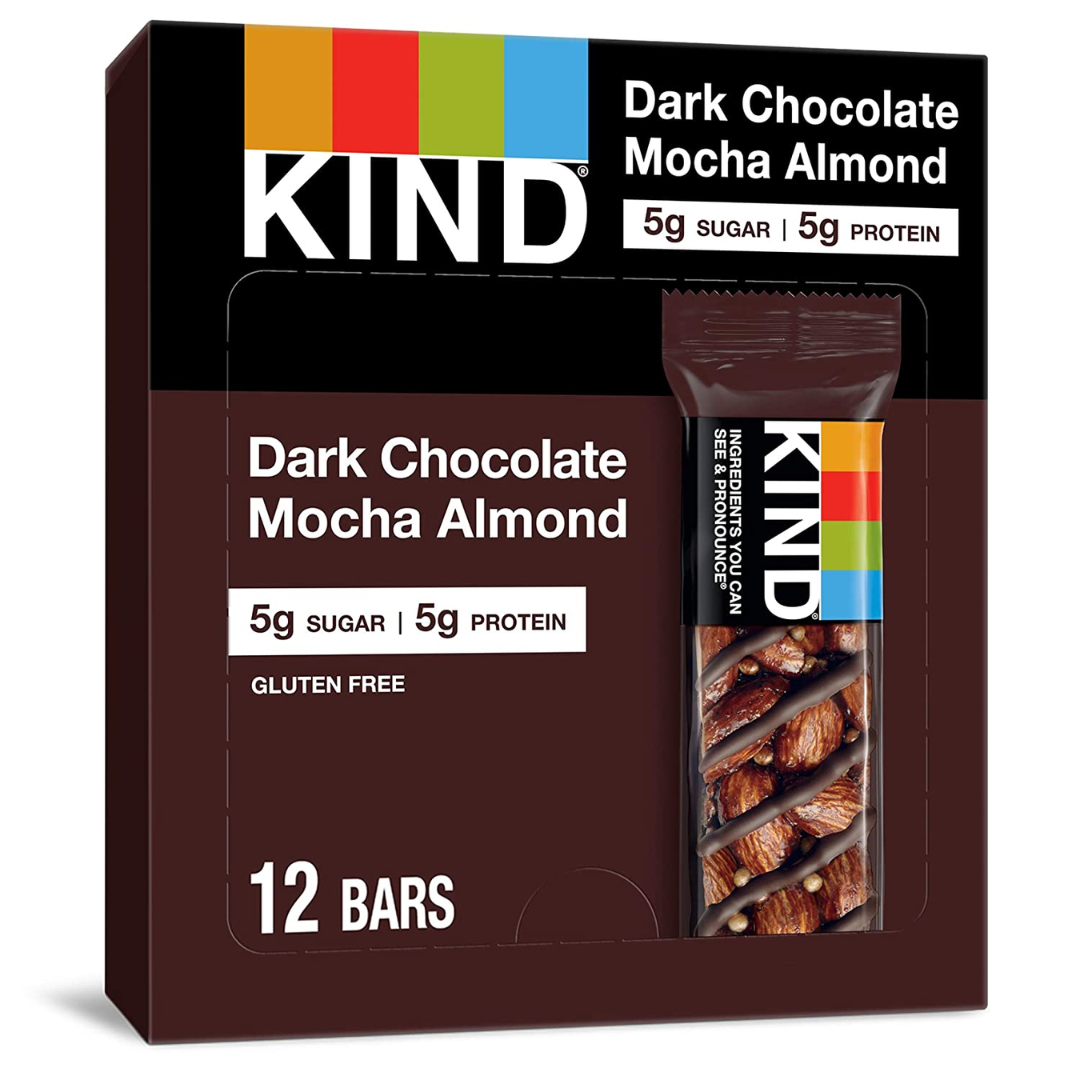 KIND Healthy Snack Bar, Dark Chocolate Mocha Almond, 5g Sugar, 5g Protein, Gluten Free Bars, 1.4 Ounce - 12 Count