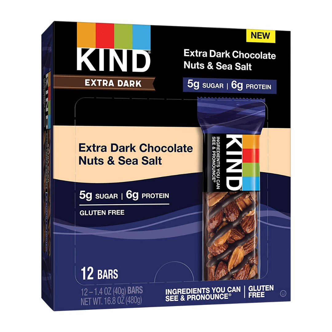 KIND Nut Bars, Extra Dark Chocolate Nuts and Sea Salt, Gluten Free, 5g Sugar, 6g Protein 1.4 Ounce - 12 Count