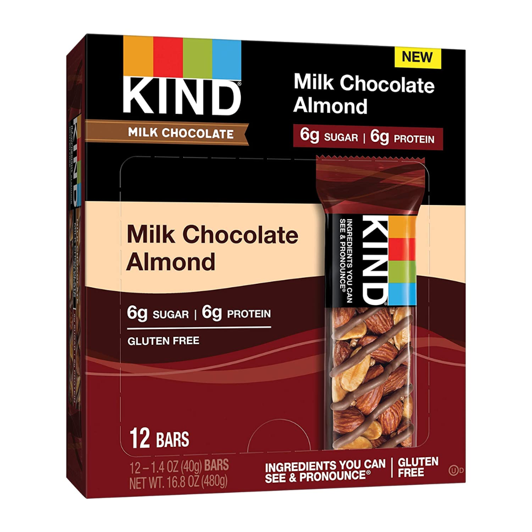 KIND Milk Chocolate Almond Bars, 6g Sugar, 6g Protein, Gluten Free Bars, 1.4 Ounce - 12 Count
