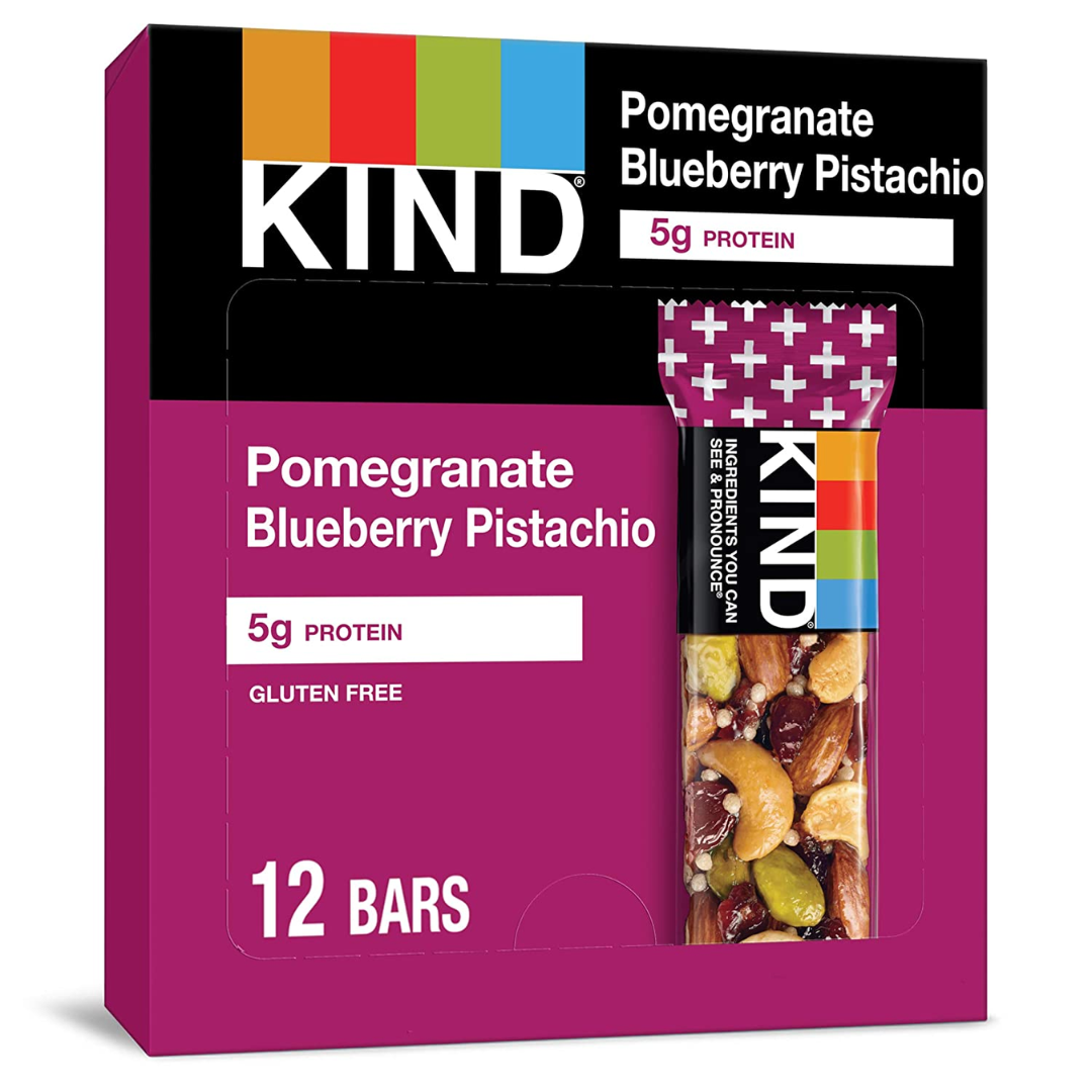 KIND Nut Bars, Pomegranate Blueberry Pistachio, Gluten Free, Low Glycemic Index, 5g Protein, 1.4 Ounce - 12 Count