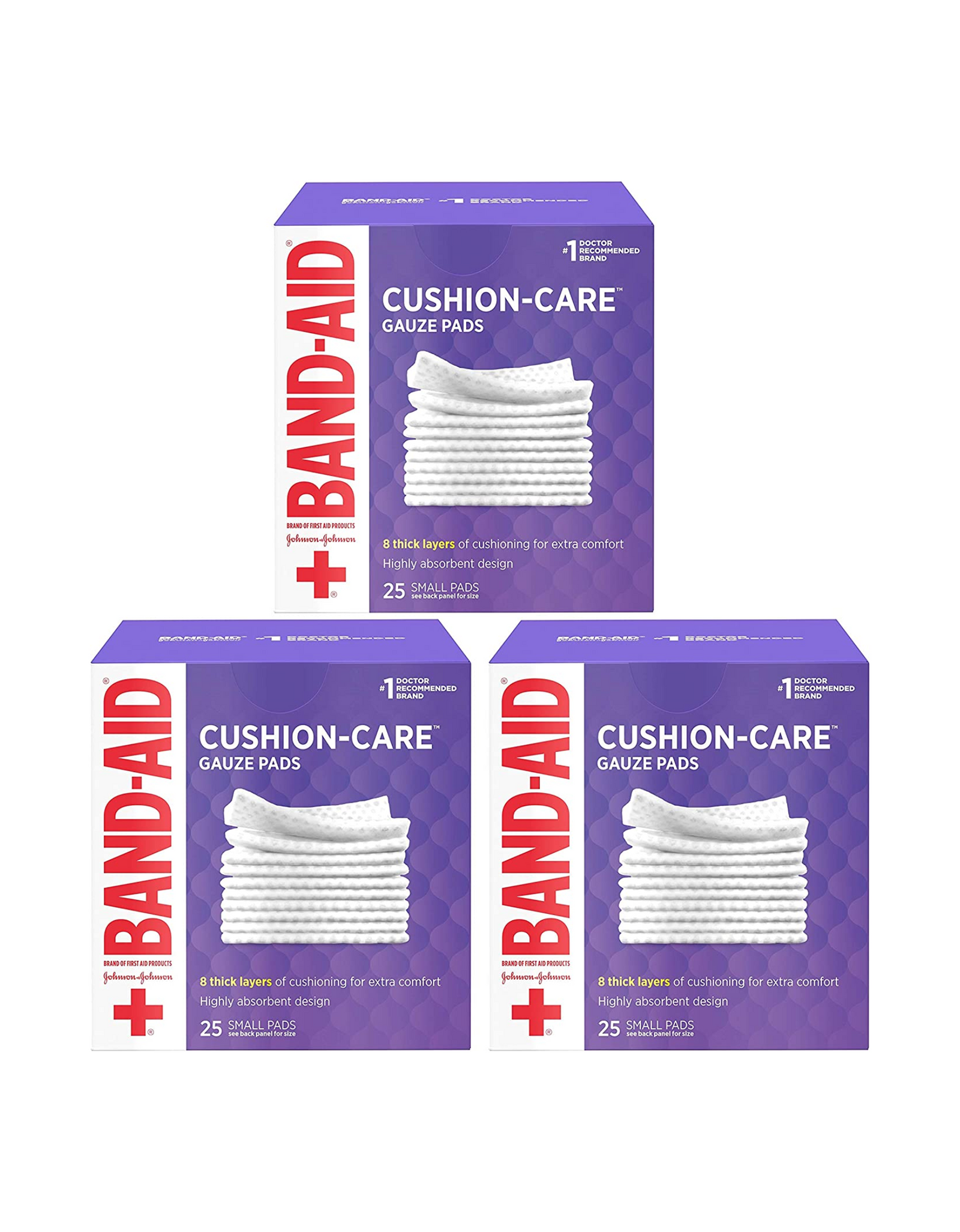 Band-Aid Brand Cushion Care Non-Stick Gauze Pads, Individually-Wrapped, White, 25 Small Pads, Pack of 3