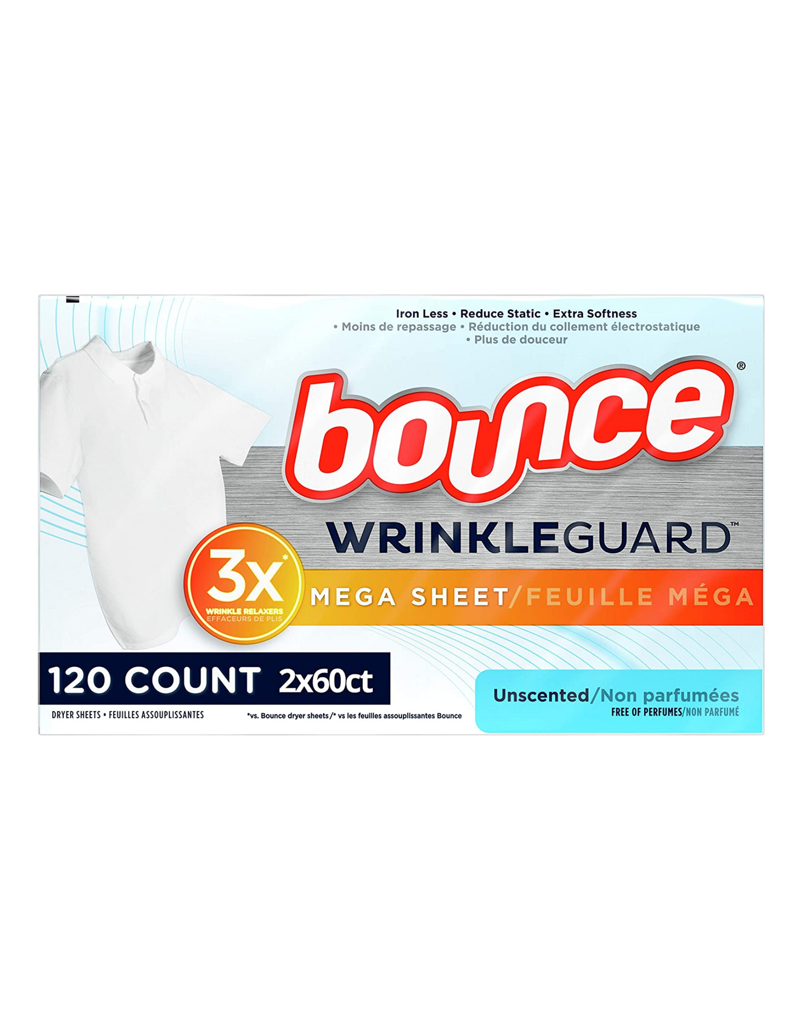 Bounce WrinkleGuard Mega Dryer Sheets, Fabric Softener and Wrinkle Releaser Sheets, Unscented, 120 Ct (Pack of 2, 60 Ct Each)