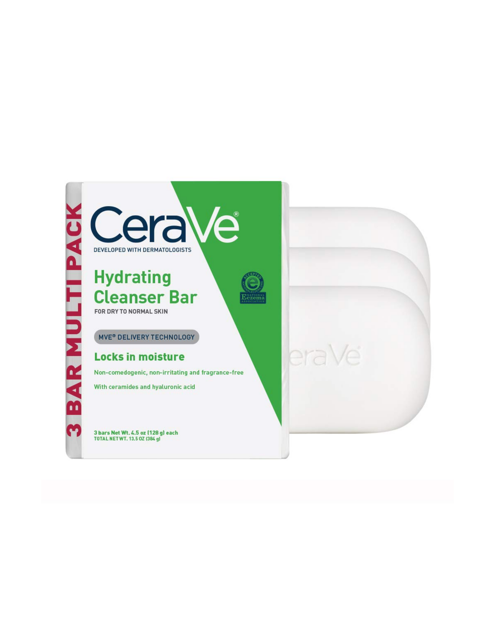 CeraVe Hydrating Cleanser Bar Soap-Free Body and Facial Cleanser with 5% Cerave Moisturizing Cream Fragrance-Free - 4.5 oz Each (Pack of 3)