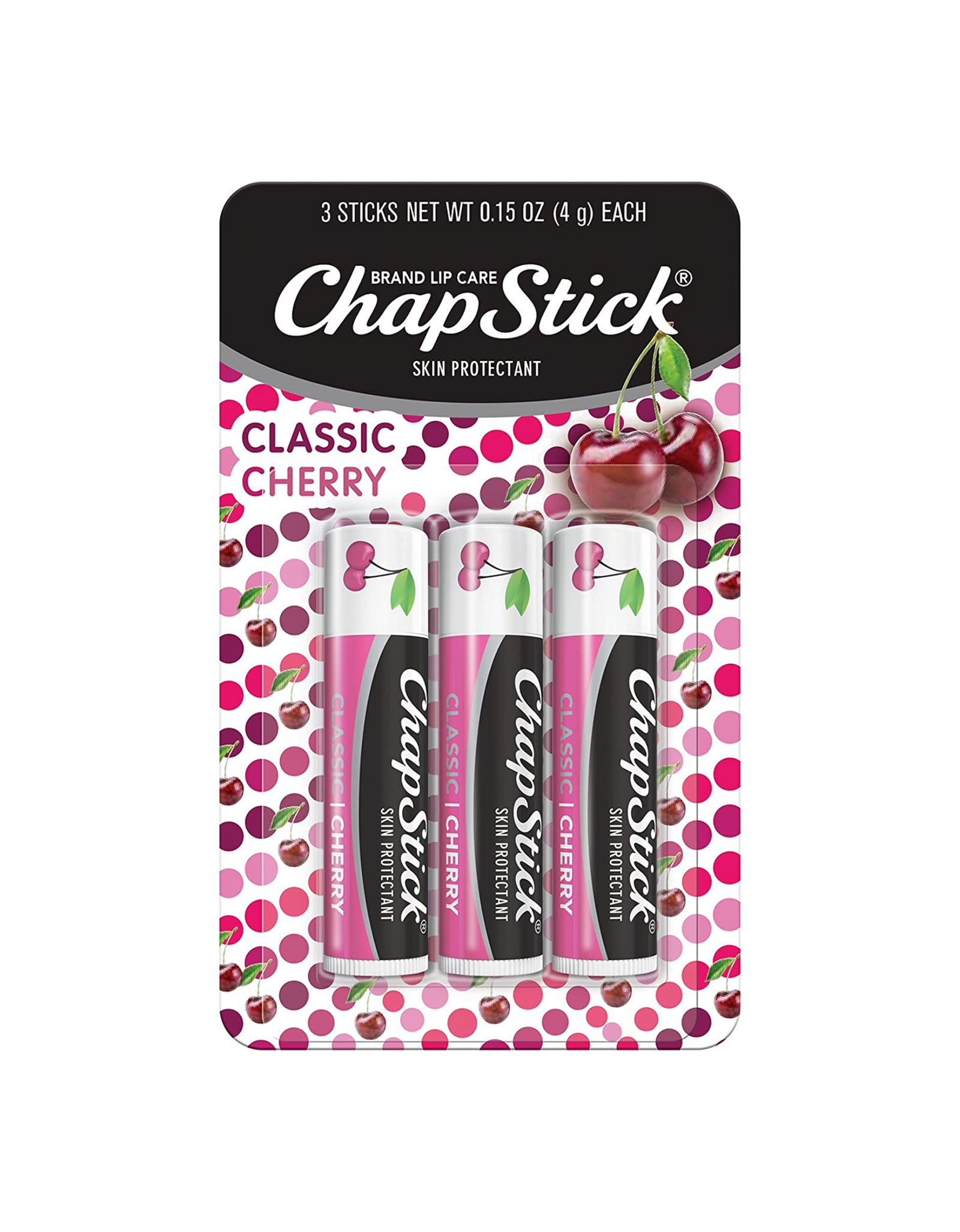 ChapStick Classic Cherry Lip Balm Tube, Skin Protectant, Cherry, Red, 0.15 Oz (Pack of 3)