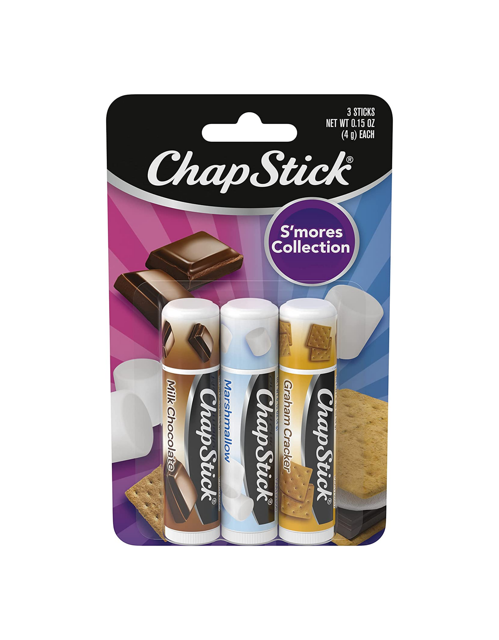 ChapStick S'mores Collection Graham Cracker, Marshmallow and Milk Chocolate Variety Pack, Skin Protectant, 0.15 Oz (Pack of 3)