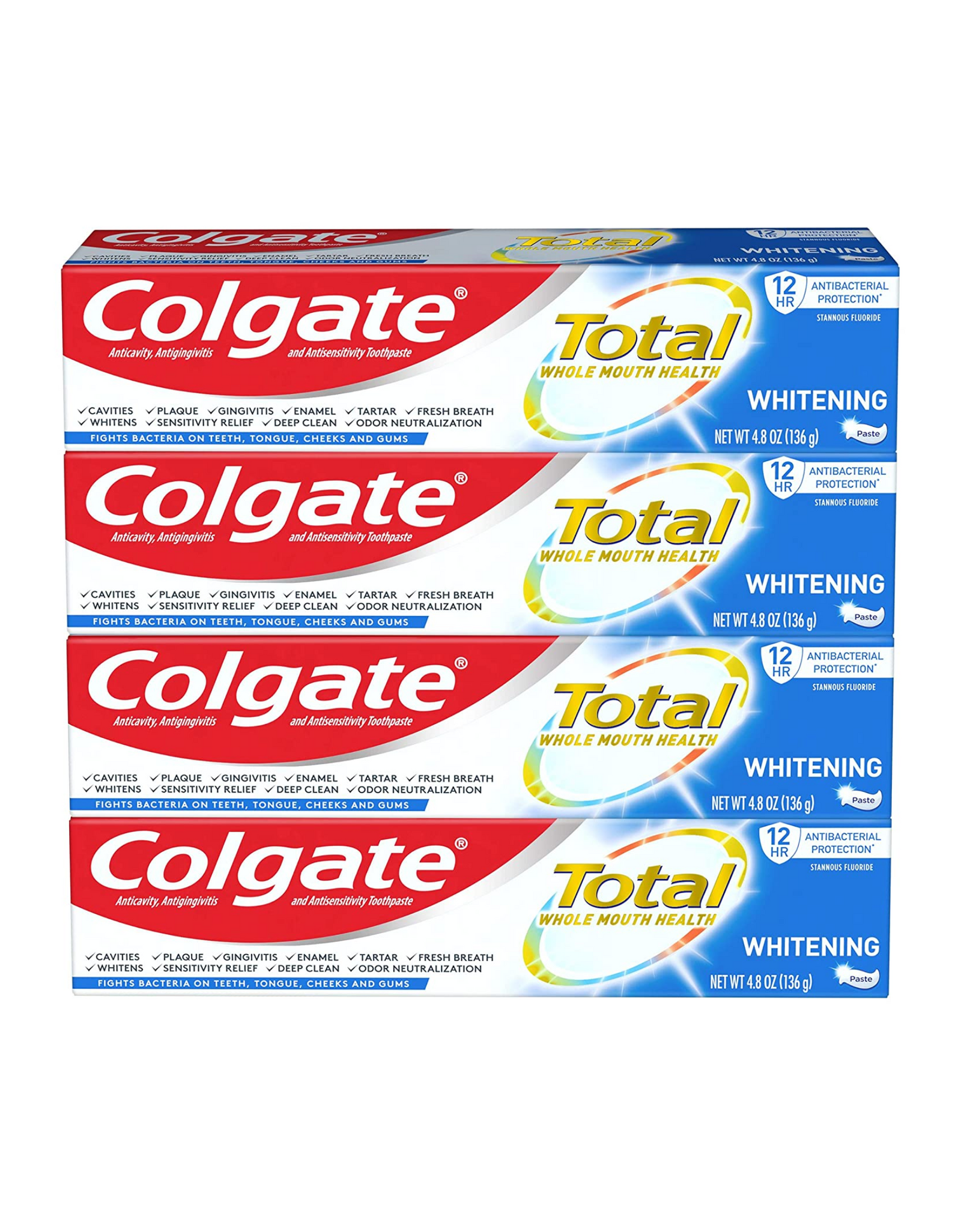 Colgate Total Teeth Whitening Toothpaste, Fights Bacteria on Teeth, Tongue, Cheeks, and Gums, 4.8 oz each (Pack of 4)