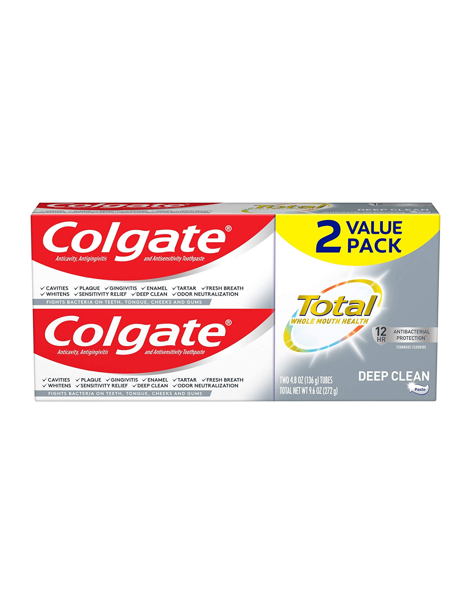 Colgate Total Toothpaste with Stannous Fluoride and Zinc, Deep Clean - 4.8 oz (Pack of 2)