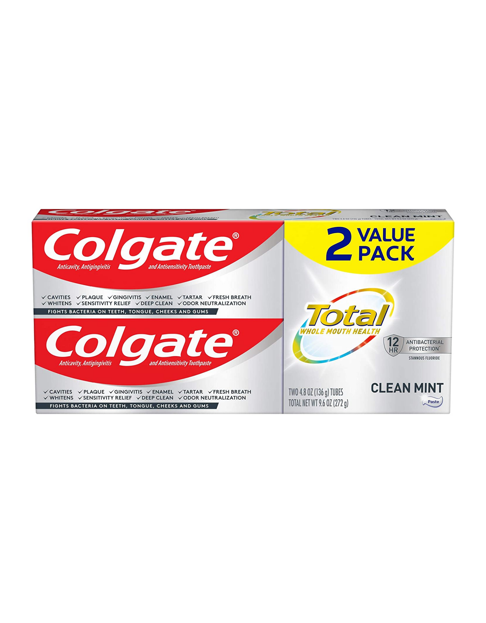 Colgate Total Toothpaste with Whitening, Antibacterial Protection, Clean Mint, 4.8 oz each (Pack of 2)