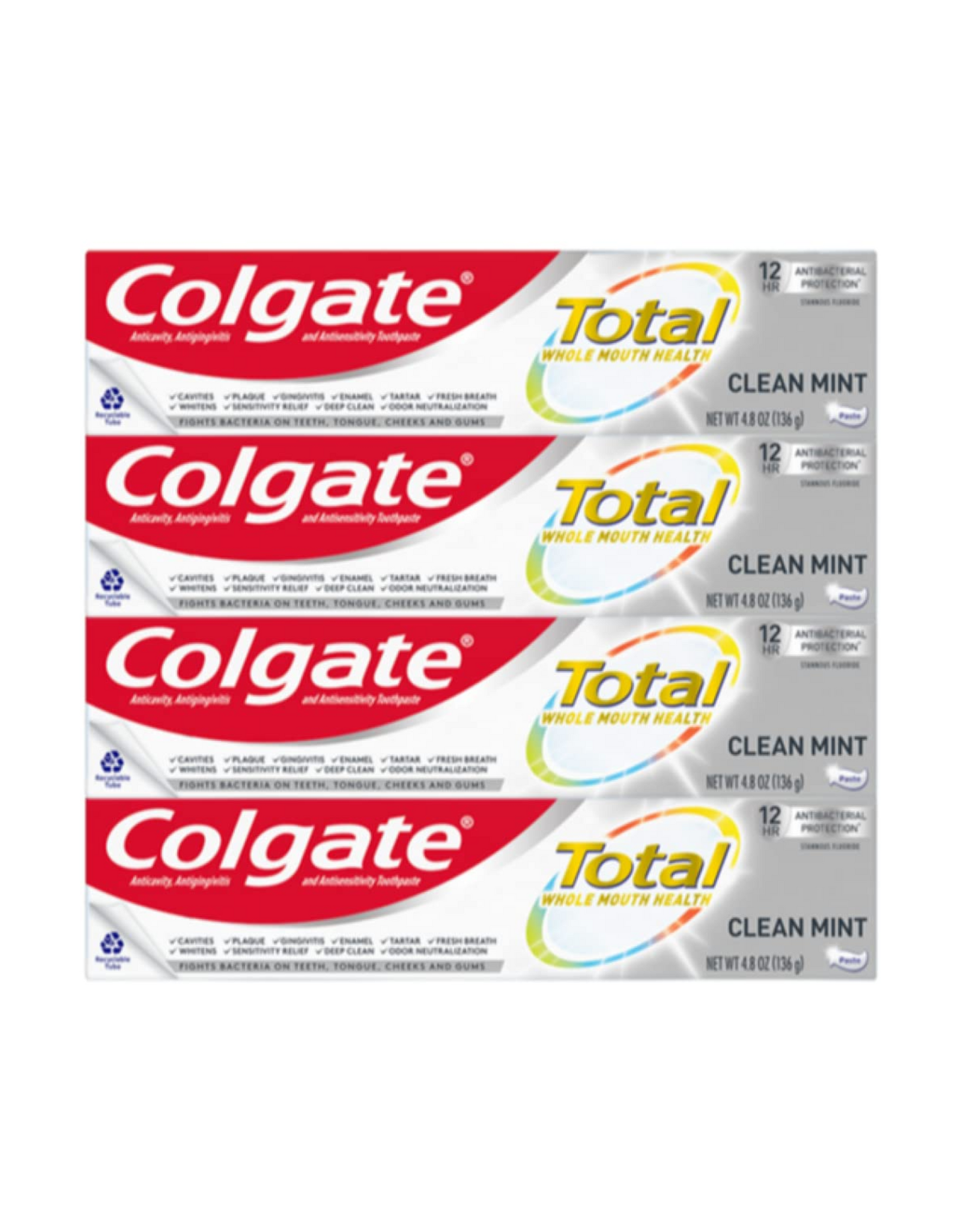 Colgate Total Toothpaste with Whitening, Antibacterial Protection, Clean Mint, 4.8 oz each (Pack of 4)