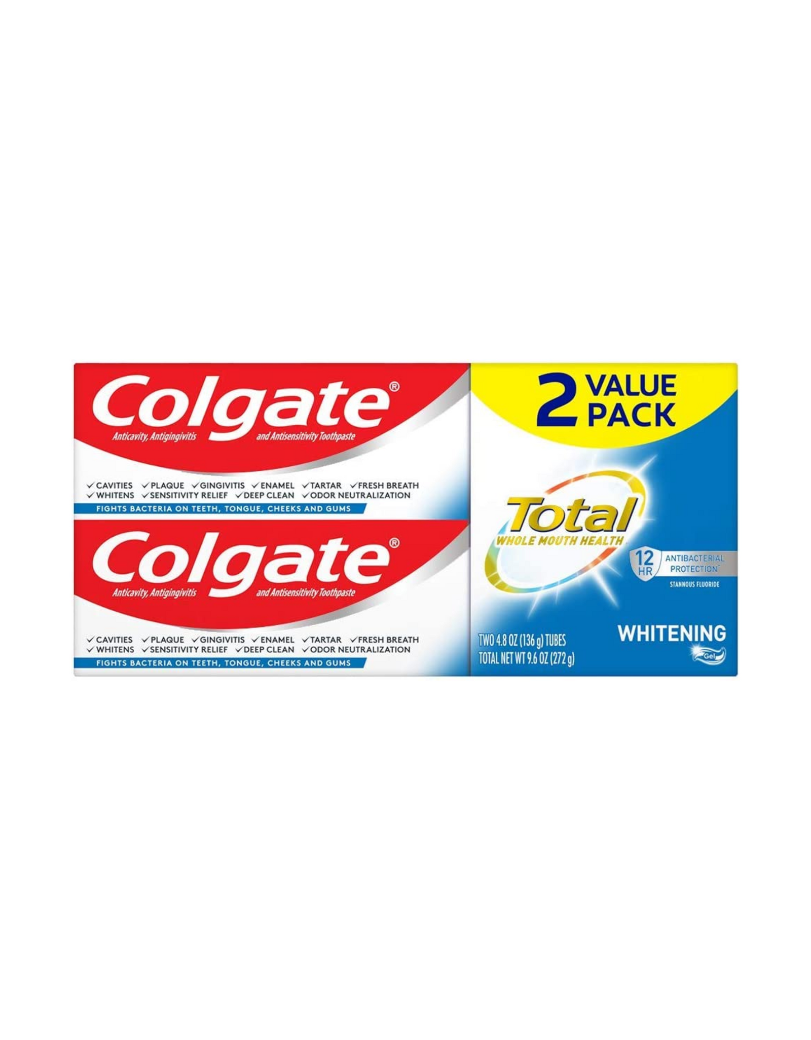 Colgate Total Whitening Toothpaste Gel, Stannous Fluoride and Zinc, Original, Whitening Mint, 4.8 oz each (Pack of 2)