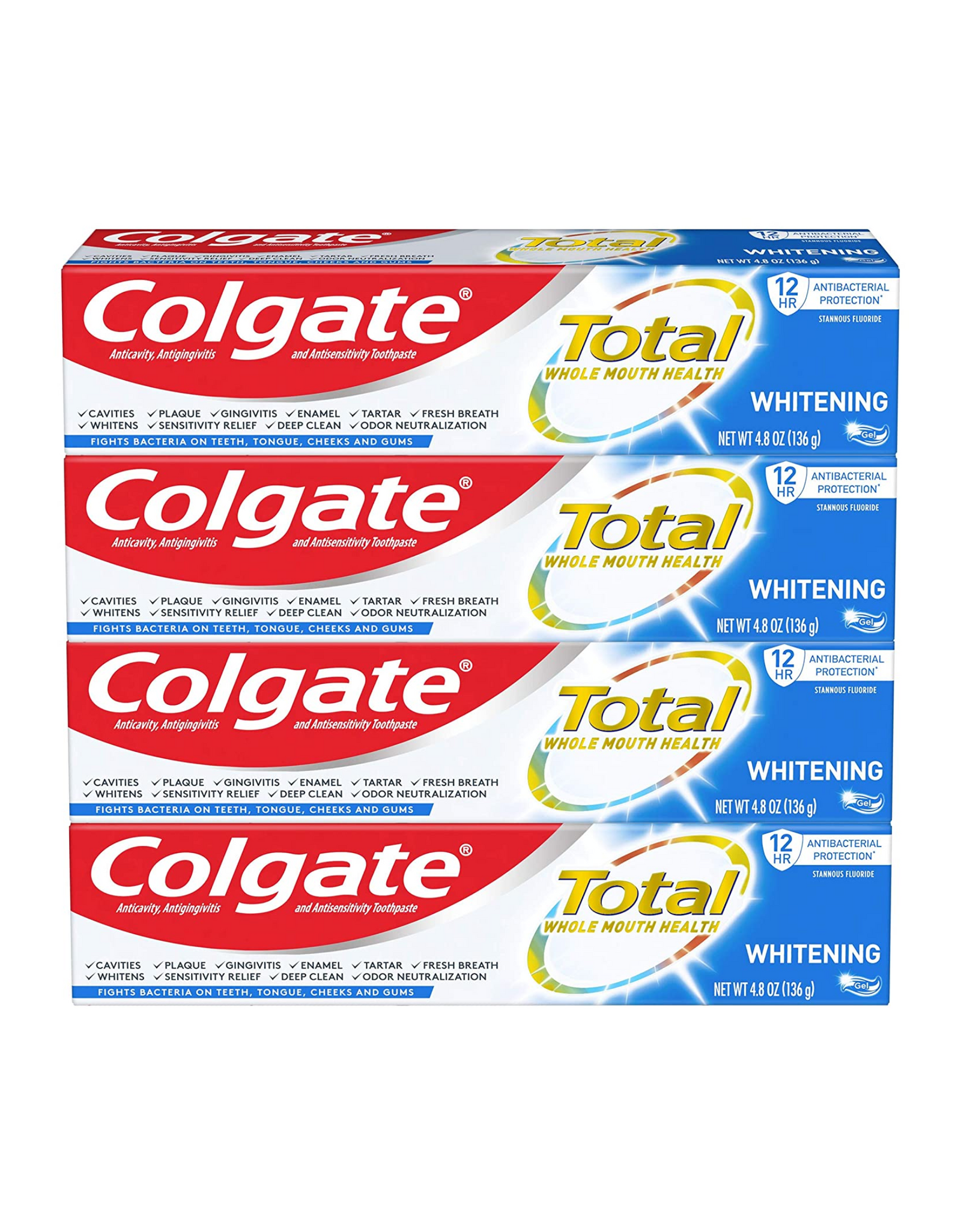 Colgate Total Whitening Toothpaste Gel, Stannous Fluoride and Zinc, Original, Whitening Mint, 4.8 oz each (Pack of 4)