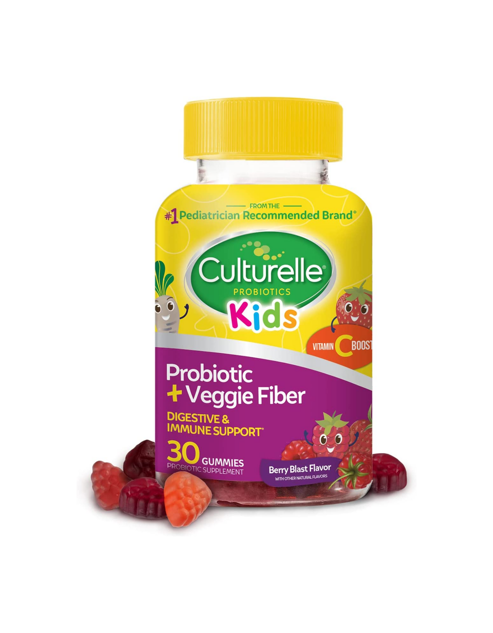 Culturelle Kids Daily Probiotic + Veggie Fiber Gummies, Prebiotic + Probiotic with Vitamin C Boost, Mixed Berry Flavor, 30 Ct