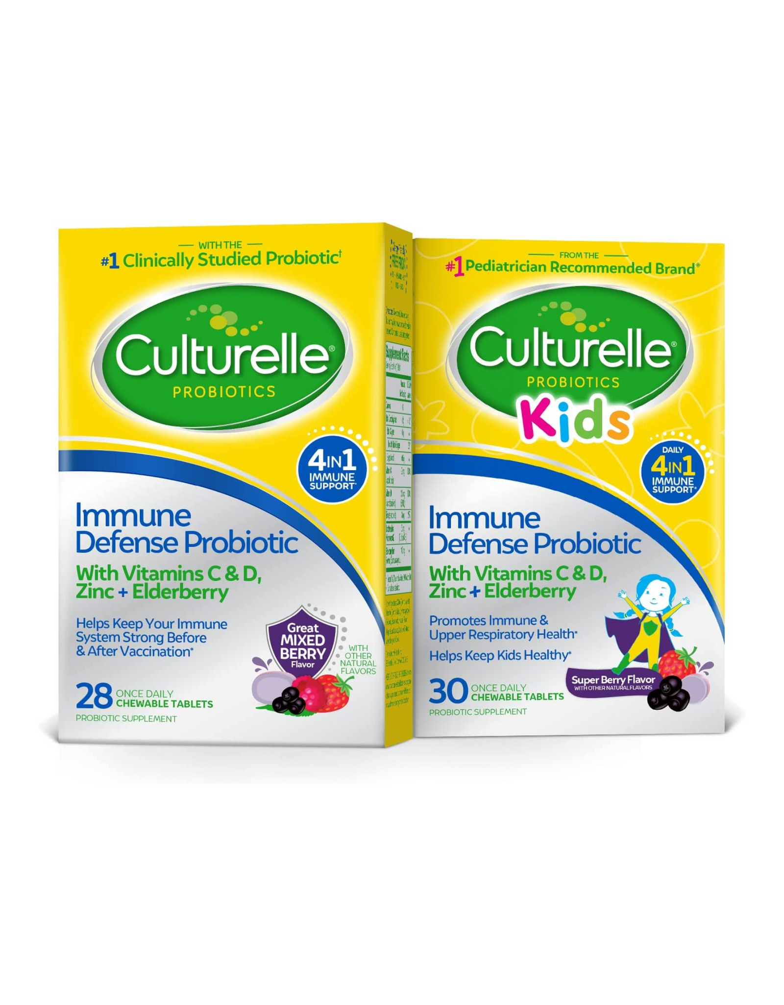 Culturelle Kids Immune Defense Probiotic Chewables with Vitamin C, Vitamin D and Zinc + Elderberry 30 Ct & Immune Support for Adults, Mixed Berry Flavor, 28 Ct