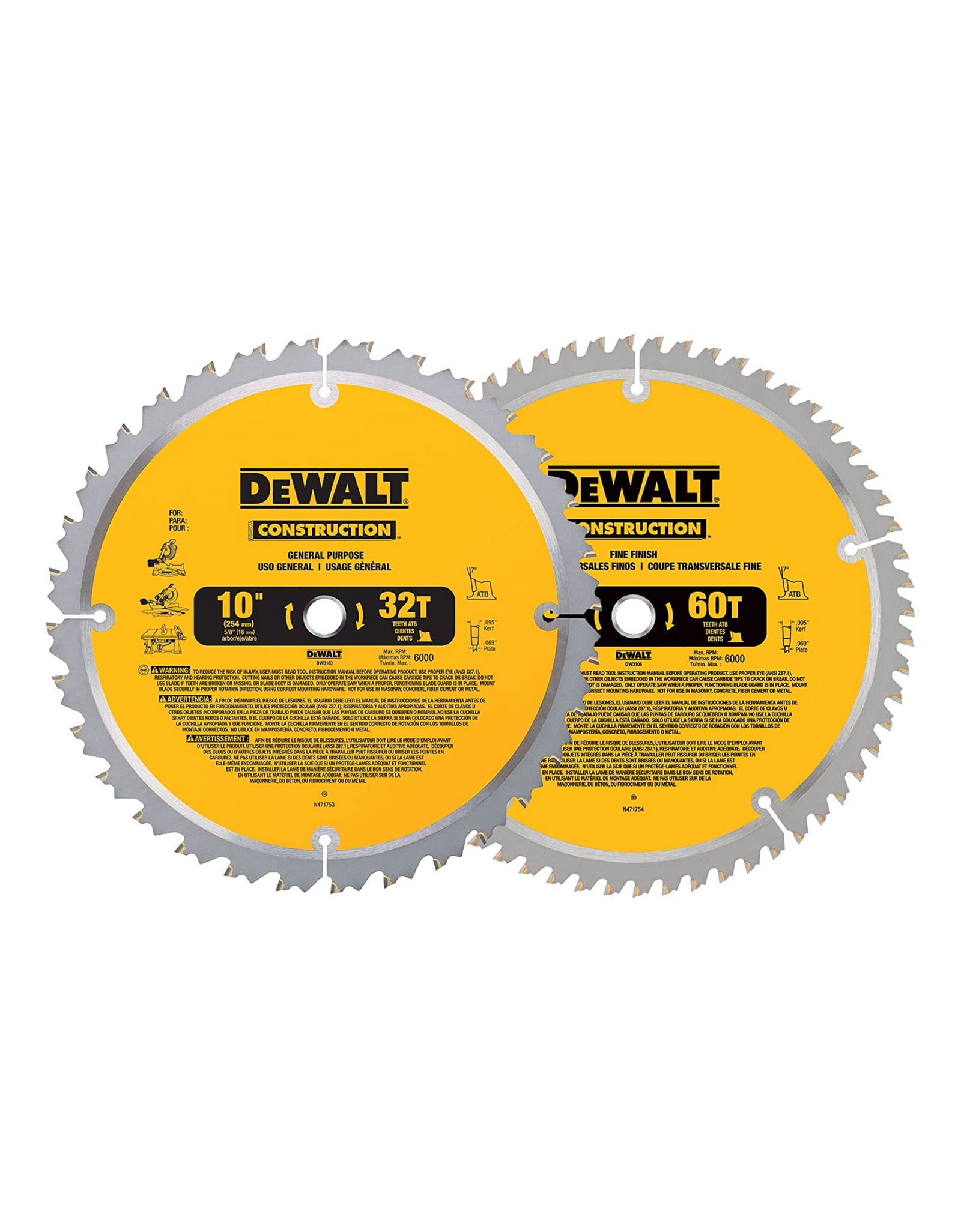 DEWALT 10-Inch Miter / Table Saw Blades Combo Pack, 60 Teeth Crosscutting & 32-Teeth General Purpose (DW3106P5)