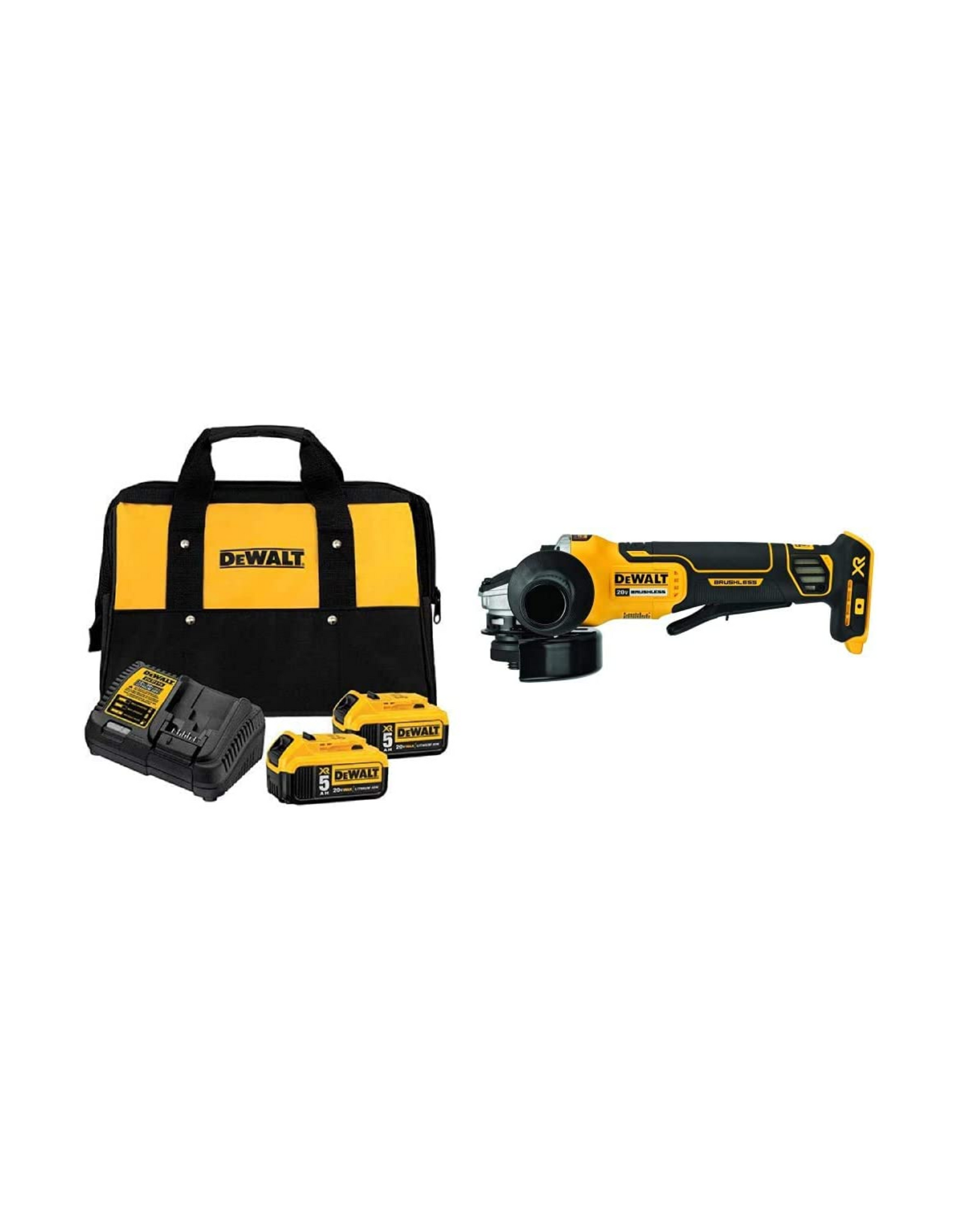 DEWALT DCB205-2CK 20V Max 5.0Ah Starter Kit with 2 Lithium Ion Batteries and DCG413B 20V MAX* Angle Grinder Tool