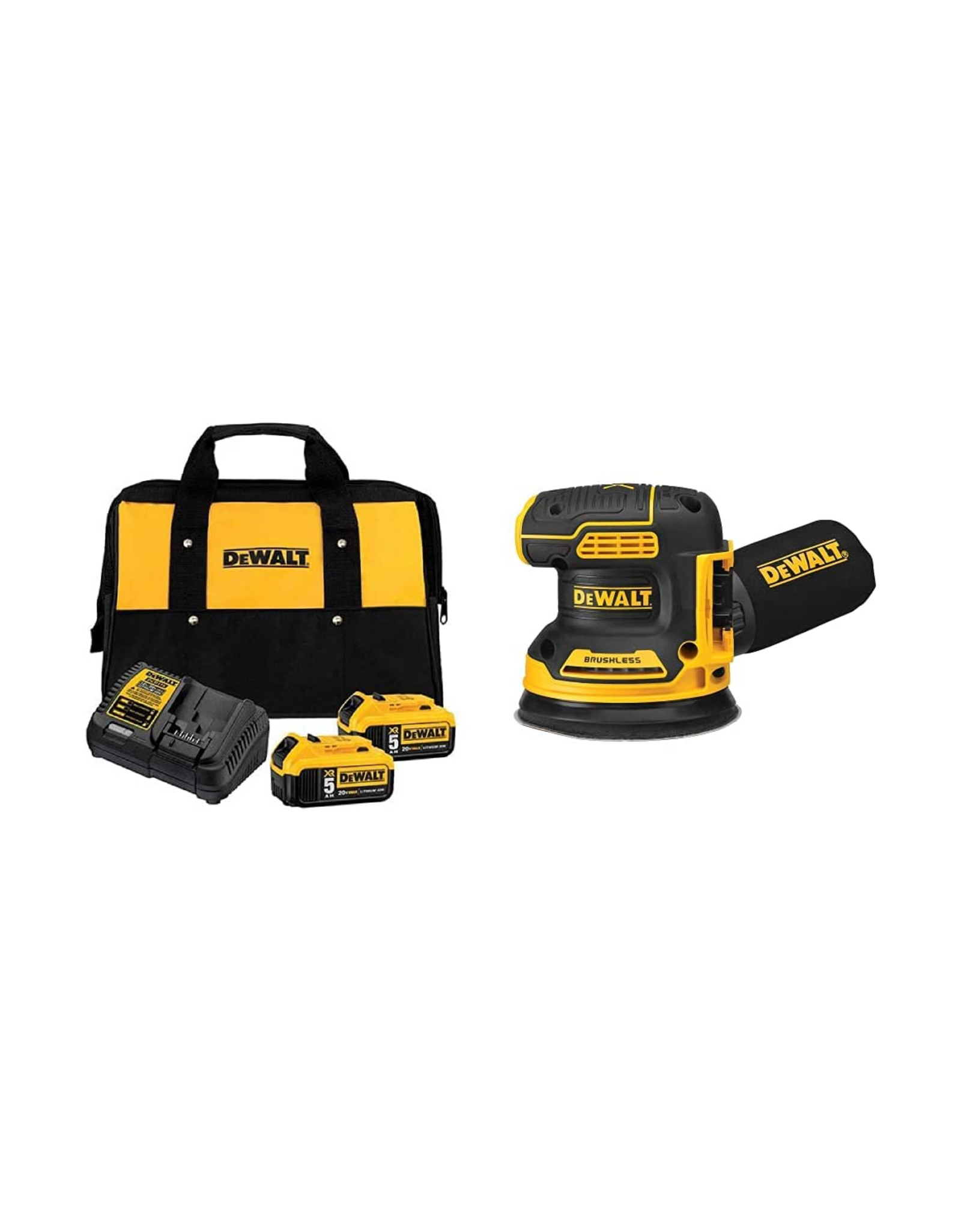 DEWALT DCB205-2CK 20V Max 5.0Ah Starter Kit with 2 Lithium Ion Batteries and DCW210B 20V MAX Orbital Sander Tool